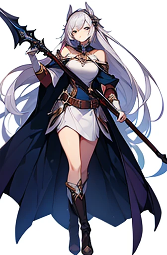 (((Best Quality))) , ((full body)), female, high fantasy outfit, solo, (white background), holding weapon, stand posture,
