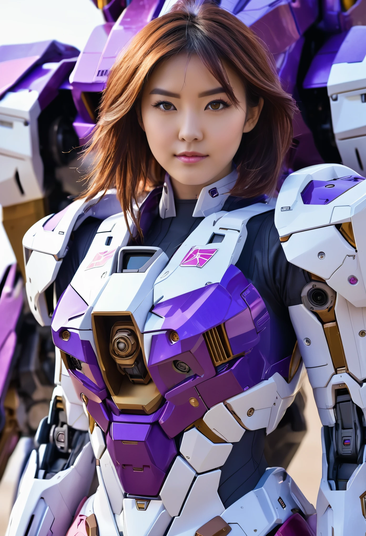 RAW, Masterpiece, Ultra Fine Photo,, Best Quality, Ultra High Resolution, Photorealistic, Sunlight, Full Body Portrait, Stunningly Beautiful,, Dynamic Poses, Delicate Face, Vibrant Eyes, a full body of a woman in a purple and white gundam custume, dybamic pose, long brown very very long hair rapunzel, girl in mecha cyber armor, portrait armored astronaut girl, d. va from overwatch, female mecha, on a gundam, gundam head, chiho aoshima color scheme, mobile suit, streamlined purple armor, fully robotic!! girl, realistic cosplay, gundam armor , full body, sit down, full body