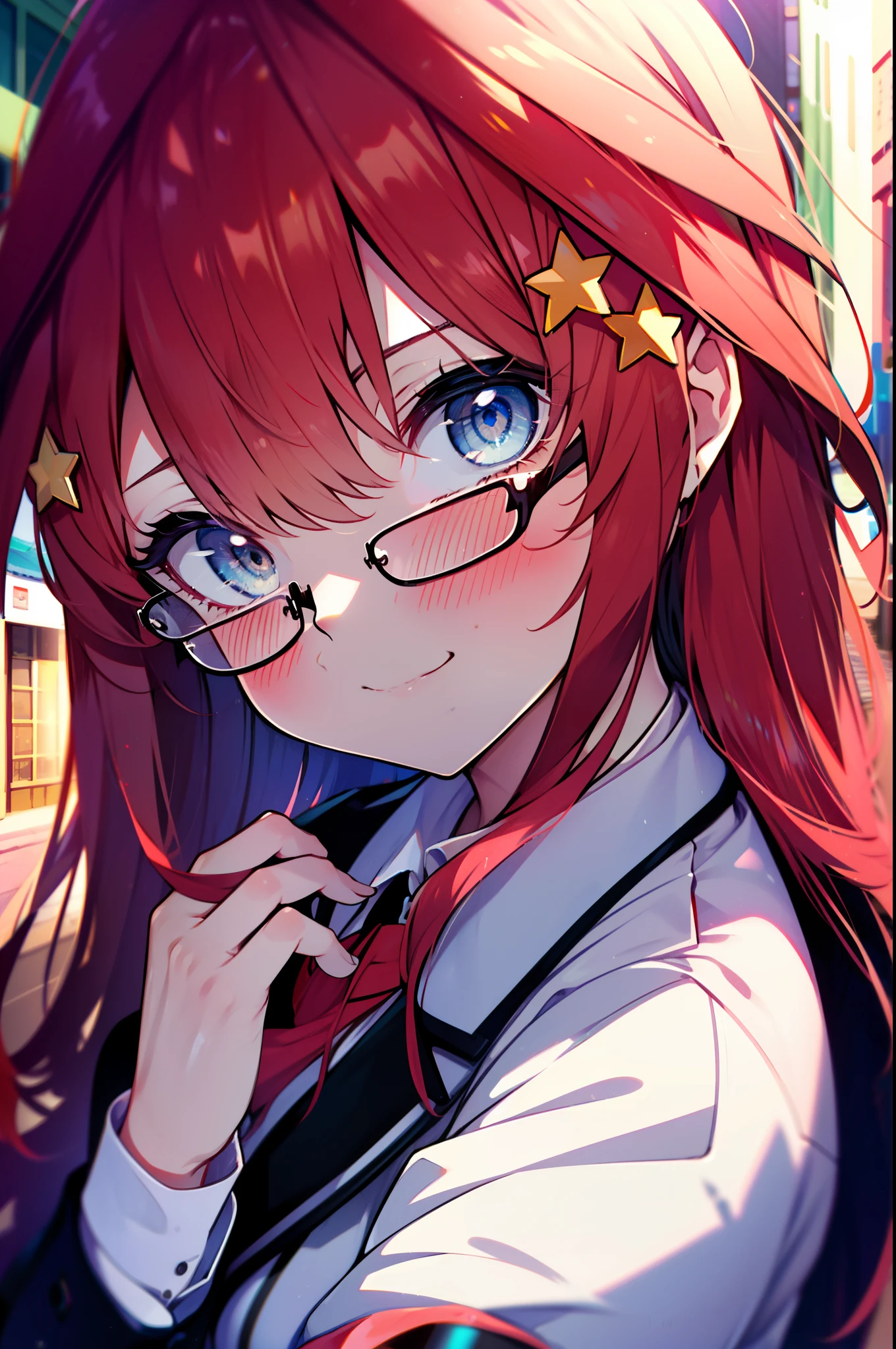 itsukinakano, itsuki nakano, bangs, blue eyes, hair between eyes, Ahoge, redhead, star \(symbol\), hair ornaments, star hair ornaments,happy smile, smile, open your mouth,OL, Akagi glasses,black suit jacket, collared jacket, white dress shirt, collared shirt, neckline, button, strap, ID card on neck, black pencil skirt, black pantyhose, stiletto heels,whole bodyがイラストに入るように,evening,sunset,The sun is setting,
break outdoors, In town,building street,
break looking at viewer, whole body,
break (masterpiece:1.2), highest quality, High resolution, unity 8k wallpaper, (figure:0.8), (detailed and beautiful eyes:1.6), highly detailed face, perfect lighting, Very detailed CG, (perfect hands, perfect anatomy),