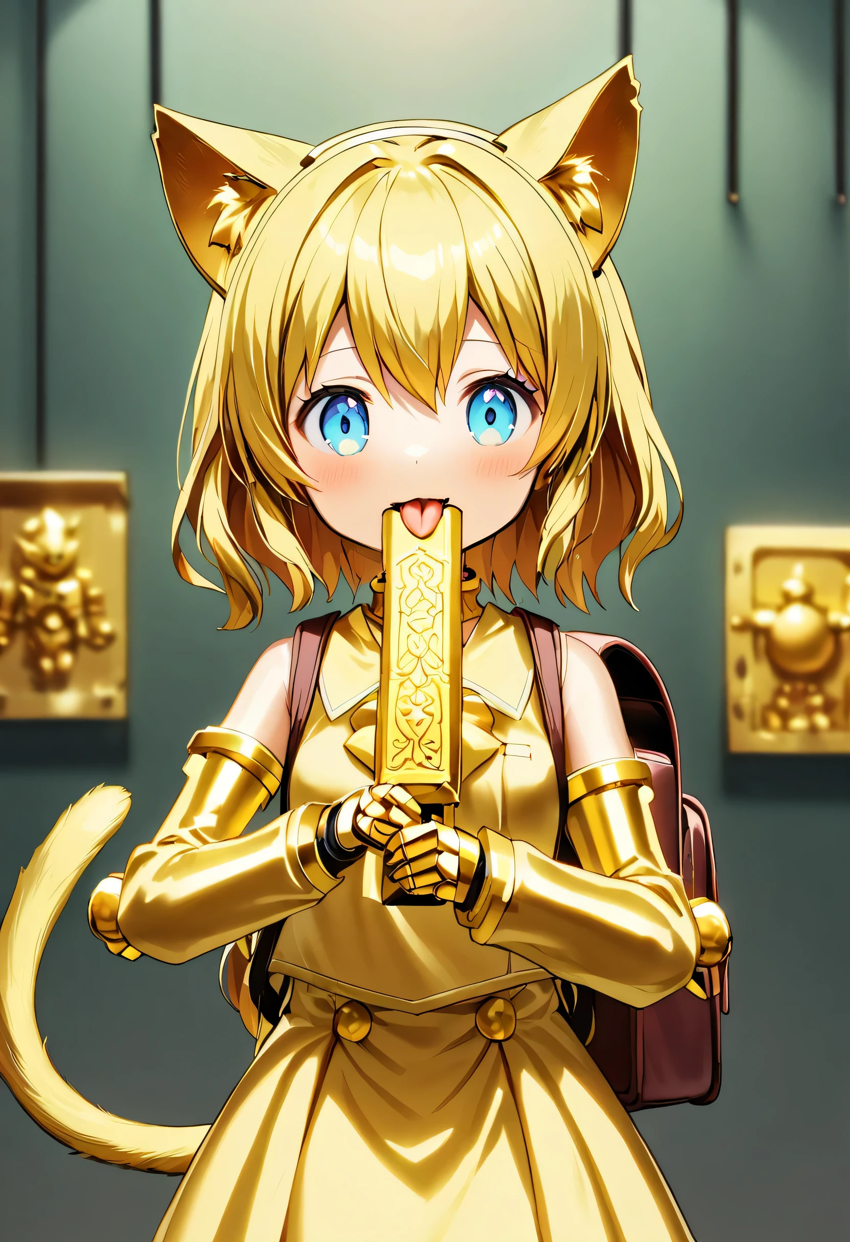 1 girl, Deltamon_beta, alone, blue eyes, knee high, animal ears, bare shoulders, blue tail, earr gs, removable sleeve, green hair, sleeveless, Cat ear, bag, white knee high, cat tail, pでk backpack, pでk school bag, BREAK A young woman is holding a large candy bar in her mouth at a candy-themed amusement park. She holds a big candy bar in her mouth while sticking it out her tongue. She is droolでg. BREAK ,a female robot puppet made of (golden,gold carving),(solo:1.3),upper body,no humans,still life,humanoid robot,cute,cutie,indoors,front view,facing viewer,