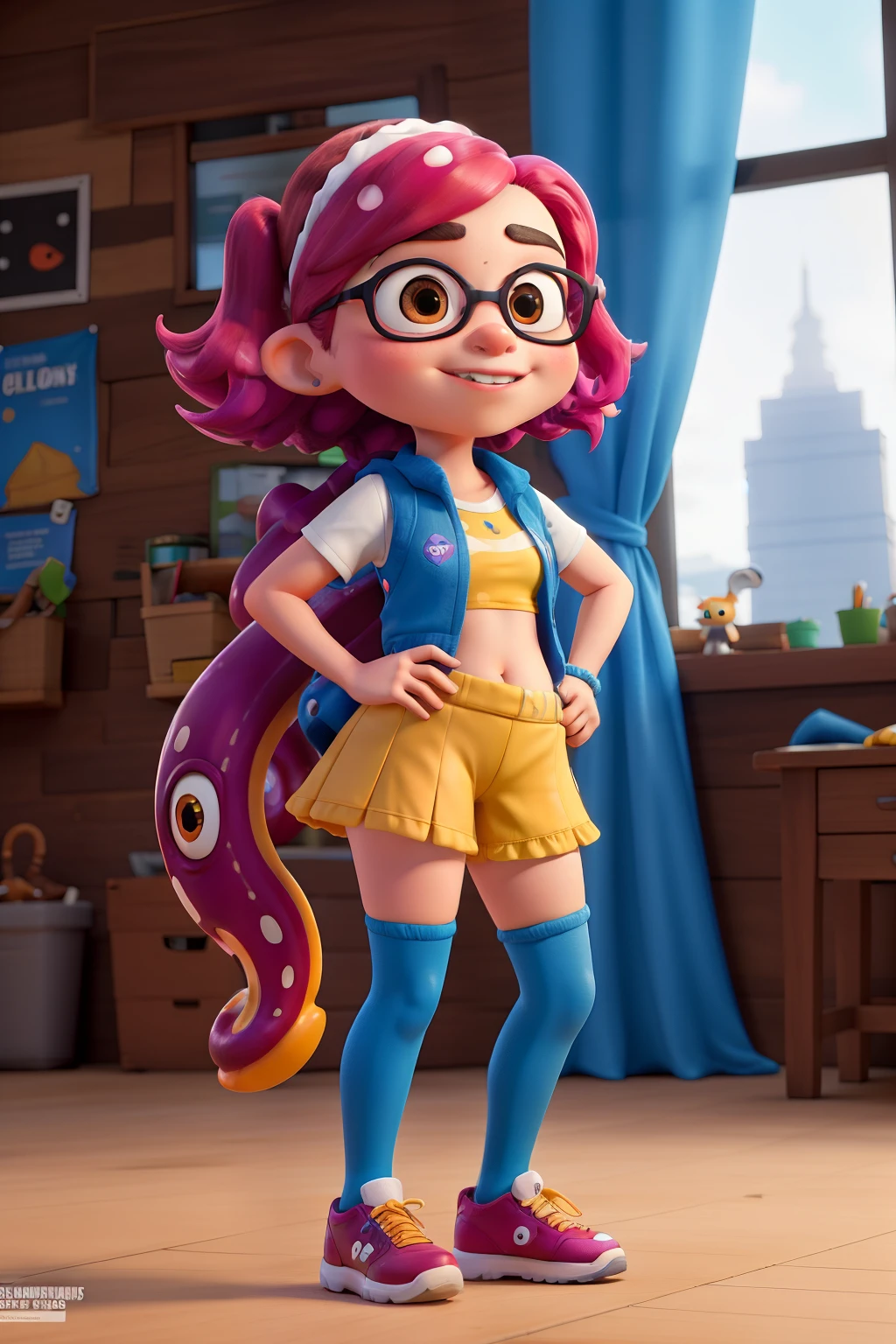 Chica que hace cosplay del personaje de Splatoon, giant size, aplastando edificios, con una mini falda, caderas anchas