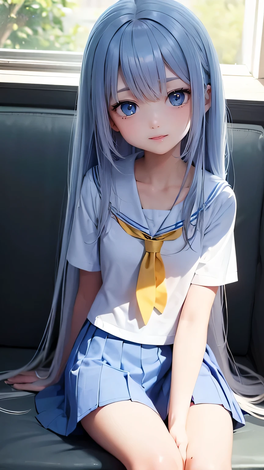 very cute girl、()、light yellow hair、long straight hair、Bangs are too close to the eye、Light Blue Eye、(Normal human ear)、thin arms、Beautiful body、slim legs、large, well-shaped breasts,、clear white skin、smile、(school uniform、uniform white and blue)、Rose Garden、Super high quality、digital single lens reflex、sit on top