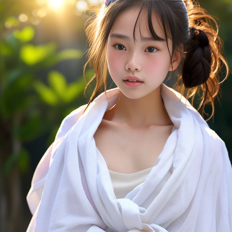 (highest quality、masterpiece:1.2)、highest quality、realistic、photograph、High resolution、1080p、8K、rough skin、physical rendering、One Junior High School Girl、particles of light、暖かいsunlight、Sweating a lot、hot、sunlight、Hot face、Put a towel around your neck、summer、yukata、terrorism、Bear、