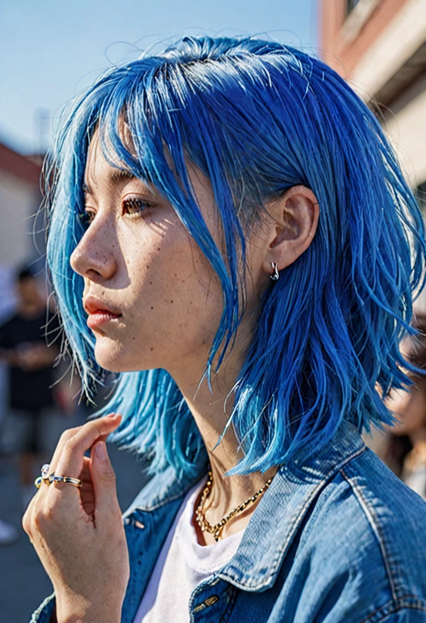 blue hair。Best Anamorphic Lens Photography 50mm Lens Freckled Woman Close-up。In the background, the morning sun shines on her hair.、background is blurry。Hip-hop fashion。fashionable。NIKE sneakers。The whole body is visible。profile。Ears pierced。Looking slightly upwards。