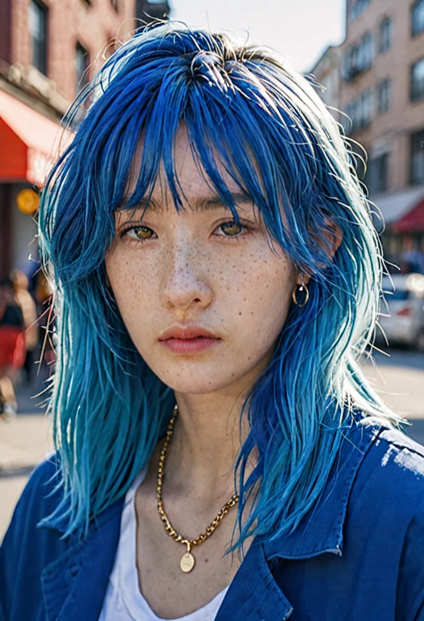 blue hair。Best Anamorphic Lens Photography 50mm Lens Freckled Woman Close-up。In the background, the morning sun shines on her hair.、background is blurry。Hip-hop fashion。fashionable。NIKE sneakers。The whole body is visible。profile。Ears pierced。Looking slightly upwards。