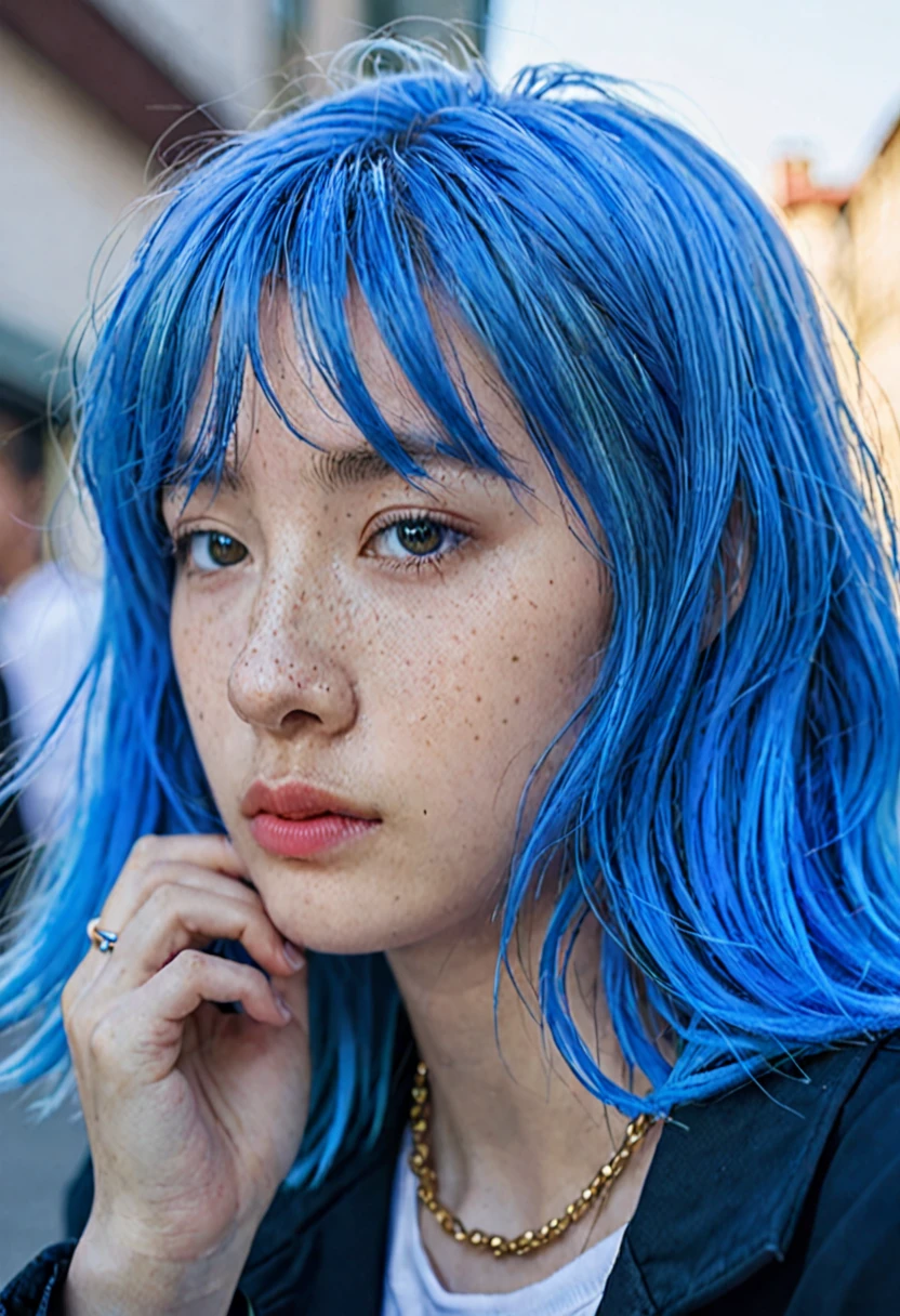 blue hair。Best Anamorphic Lens Photography 50mm Lens Freckled Woman Close-up。In the background, the morning sun shines on her hair.、background is blurry。Hip-hop fashion。fashionable。NIKE sneakers。The whole body is visible。profile。Ears pierced。Looking slightly upwards。