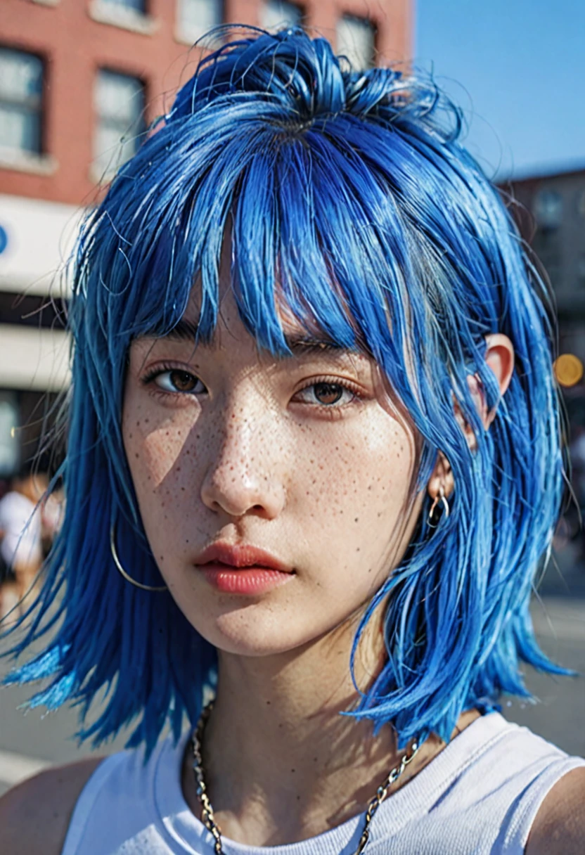 blue hair。Best Anamorphic Lens Photography 50mm Lens Freckled Woman Close-up。In the background, the morning sun shines on her hair.、background is blurry。Hip-hop fashion。fashionable。NIKE sneakers。The whole body is visible。profile。Ears pierced。Looking slightly upwards。