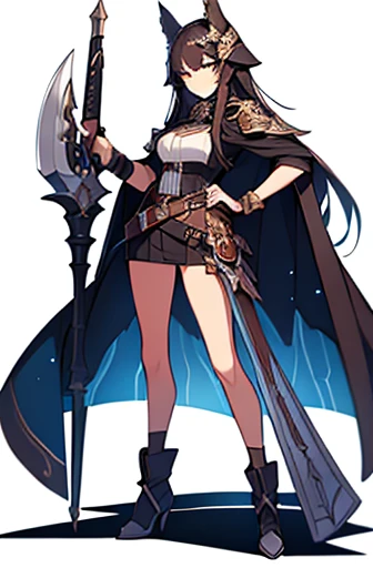 (((Best Quality))) , ((full body)), female, high fantasy outfit, solo, (white background), holding weapon, stand posture, character design,
