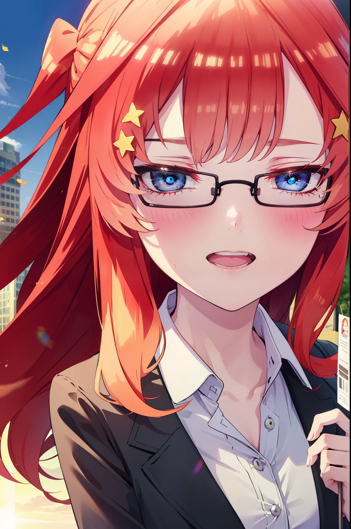 itsukinakano, itsuki nakano, bangs, blue eyes, hair between eyes, Ahoge, redhead, star \(symbol\), hair ornaments, star hair ornaments,happy smile, smile, open your mouth,OL, Akagi glasses,black suit jacket, collared jacket, white dress shirt, collared shirt, neckline, button, strap, ID card on neck, black pencil skirt, black pantyhose, stiletto heels,whole bodyがイラストに入るように,evening,sunset,The sun is setting,
break outdoors, In town,building street,
break looking at viewer, whole body,
break (masterpiece:1.2), highest quality, High resolution, unity 8k wallpaper, (figure:0.8), (detailed and beautiful eyes:1.6), highly detailed face, perfect lighting, Very detailed CG, (perfect hands, perfect anatomy),
