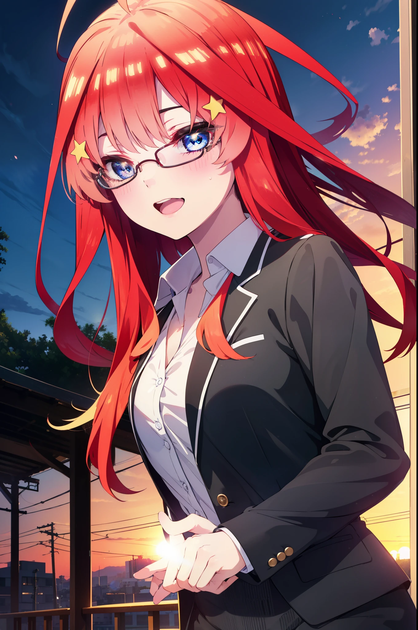 itsukinakano, itsuki nakano, bangs, blue eyes, hair between eyes, Ahoge, redhead, star \(symbol\), hair ornaments, star hair ornaments,happy smile, smile, open your mouth,OL, Akagi glasses,black suit jacket, collared jacket, white dress shirt, collared shirt, neckline, button, strap, ID card on neck, black pencil skirt, black pantyhose, stiletto heels,whole bodyがイラストに入るように,evening,sunset,The sun is setting,
break outdoors, In town,building street,
break looking at viewer, whole body,
break (masterpiece:1.2), highest quality, High resolution, unity 8k wallpaper, (figure:0.8), (detailed and beautiful eyes:1.6), highly detailed face, perfect lighting, Very detailed CG, (perfect hands, perfect anatomy),