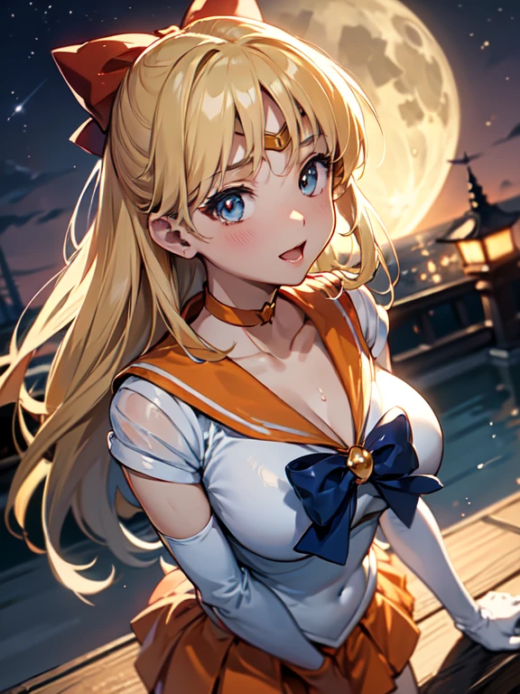 master piece,best quality,ultra detailed,8k, ambient light,realistic skin,glossy skin,
(sv1, sailor senshi uniform, orange skirt, elbow gloves, tiara, orange sailor collar, red bow, orange choker, white gloves, jewelry)、(sailor senshi uniform)、
(learning forword)、(looking up)、(from above)、(Open your mouth so that the inside of your mouth can be seen and stick your tongue out、(the body is very wet:1.3)、slender、Slender body、normal bust、emphasizing the cleavage、 glossy lips、Slightly emphasize the lower lip、blush、embarrassed expression、The ribbon is untied、
fantastic night sky、full moon、aurora、horizon、open-air bath、Japanese inn、Castle、futon
