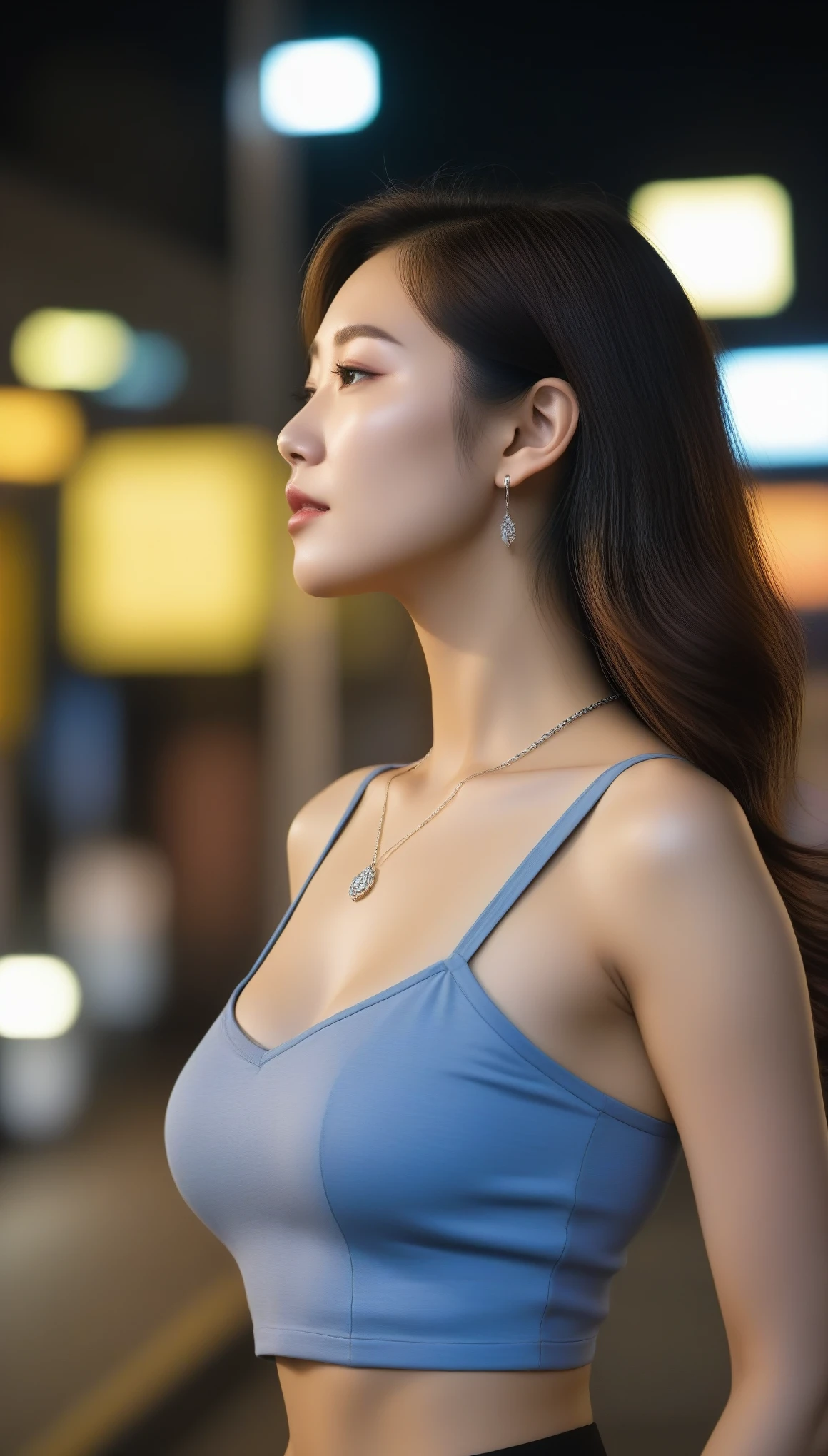 original photo, Beautiful Korean woman side shot, 34 inches chest size, Wearing a crop top, necklace, At the bus stop, night, , ultra high definition