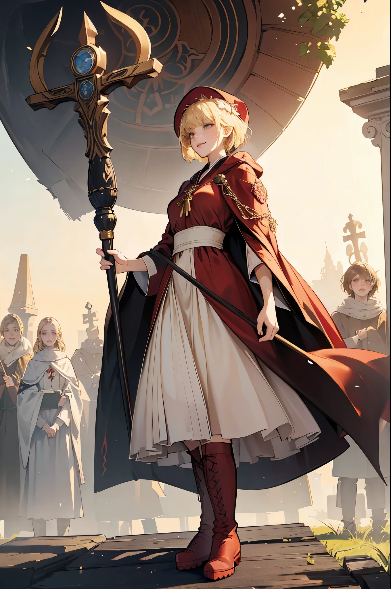 masterpiece, super detailed, 8K portrait, RAW photo, portrait photography, highly detailed face, beautiful and detailed eyes, ((fantasy)), young and beautiful, dynamic pose, kind face, smile, (((Short bob blonde hair, bangs))), ((priest)), white skin color, simple and simple girl, Wooden Necklace, Clergy's hat, (((long cloak))) fluttering in the wind, (((dark dull red oversized priest tunic))), (((long skirt)), (((Low boots))), ((holding a long wooden cane)), Large shoulder bag, midday sun, surreal, body model, big breasts, beautiful breasts, long legs, in the crowd, environmental lighting, shadow details , Focus the camera on the thigh, strong wind, light fog