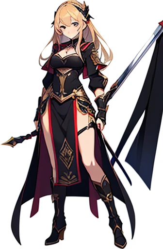 (((Best Quality))) , ((full body)), female, high fantasy outfit, solo, (white background), holding weapon, stand posture, vivid color,