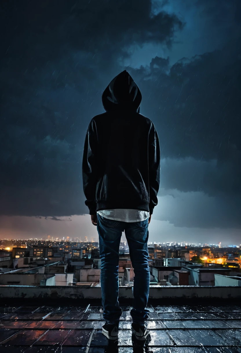 Boy with black hoodie back side, dark rainy sky, standing on the edge on rooftop, nighttime, sad