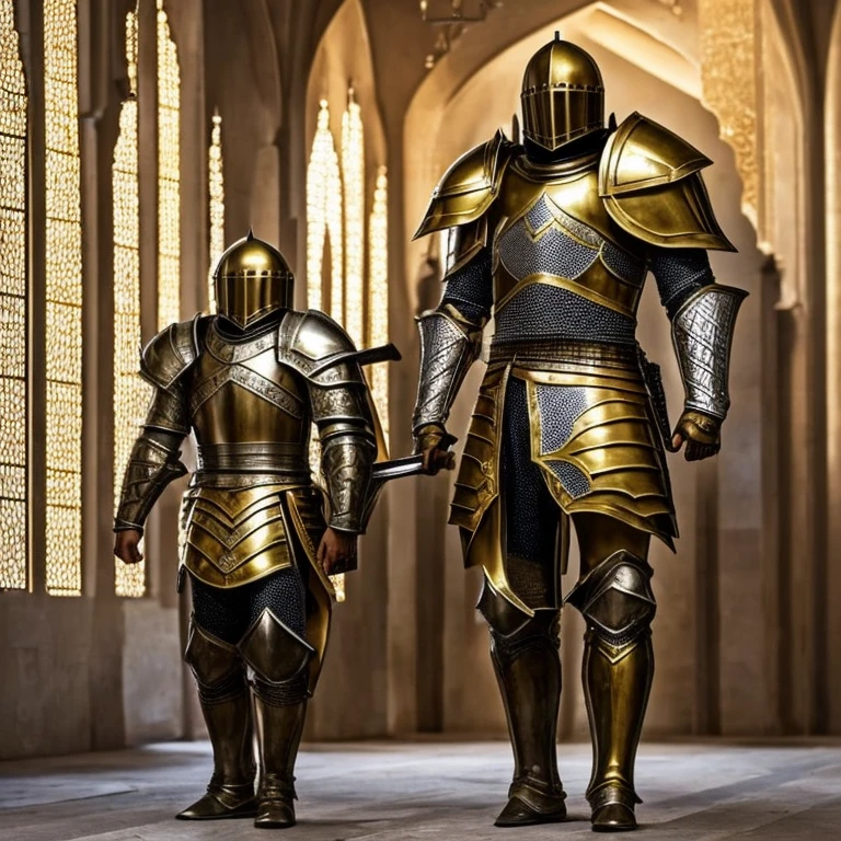 Modern Heavily armored knight, masterpiece, medieval, detailed armor, fantastic armor, golden armor, in a mosque, amazing and unique sword in his hand, full body,