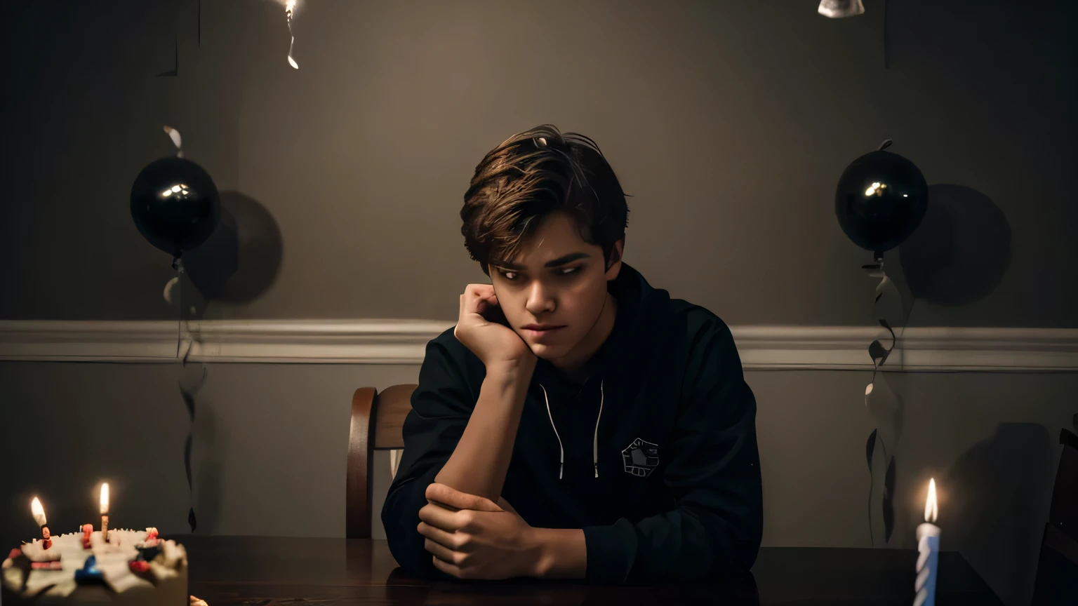sad teenage boy sitting alone on chair with table, looking at a birthday cake with candles, dark theme, solo birthday celebration, birthday decoration, ultra realistic, highly detailed