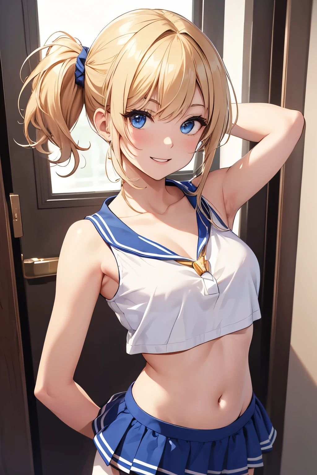 Short Girl Standing Alone, Masterpiece in the Making, High-Resolution Solo Shoot, 8K Ultra High-Quality Detailed Portrait, Perfect Face with Prominent Collarbone and Defined Armpit, Small Breasts Flat Chest, Blonde Hair in Side Ponytail, Blue Eyes Sparkling with Joy, Upper Body Shot in Sailor Uniform, Slim Waist and Slim Body, Smile Widening into an Open Mouth.
This short girl is the star of a masterpiece in the making, a high-resolution solo shoot meant to showcase her perfect features in all their ultra-high-quality detail. With small