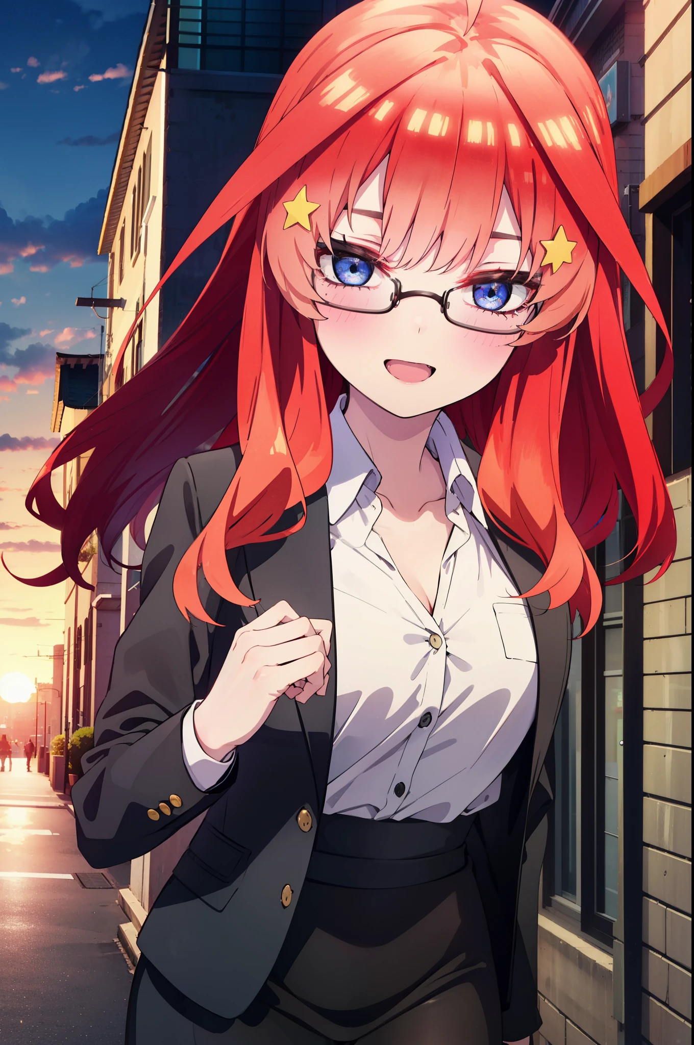 itsukinakano, itsuki nakano, bangs, blue eyes, hair between eyes, Ahoge, redhead, star \(symbol\), hair ornaments, star hair ornaments,happy smile, smile, open your mouth,OL, Akagi glasses,black suit jacket, collared jacket, white dress shirt, collared shirt, neckline, button, strap, ID card on neck, black pencil skirt, black pantyhose, stiletto heels,whole bodyがイラストに入るように,evening,sunset,The sun is setting,
break outdoors, In town,building street,
break looking at viewer, whole body,
break (masterpiece:1.2), highest quality, High resolution, unity 8k wallpaper, (figure:0.8), (detailed and beautiful eyes:1.6), highly detailed face, perfect lighting, Very detailed CG, (perfect hands, perfect anatomy),