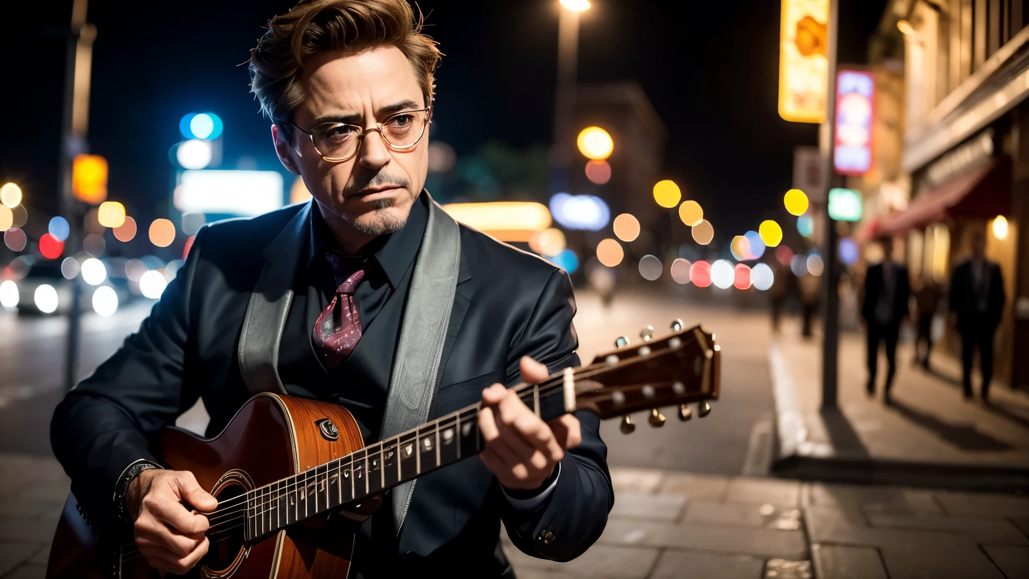 ((best quality)), ((masterpiece)),(detail), perfect face, medium shot of Robert Downey Jr. old man playing guitar on the street at night, wearing classic formal clothes, romantic style, retro vintage and romanticism, bokeh background,hyper-realistic photos, 8k , ultra high resolution, sharp faces