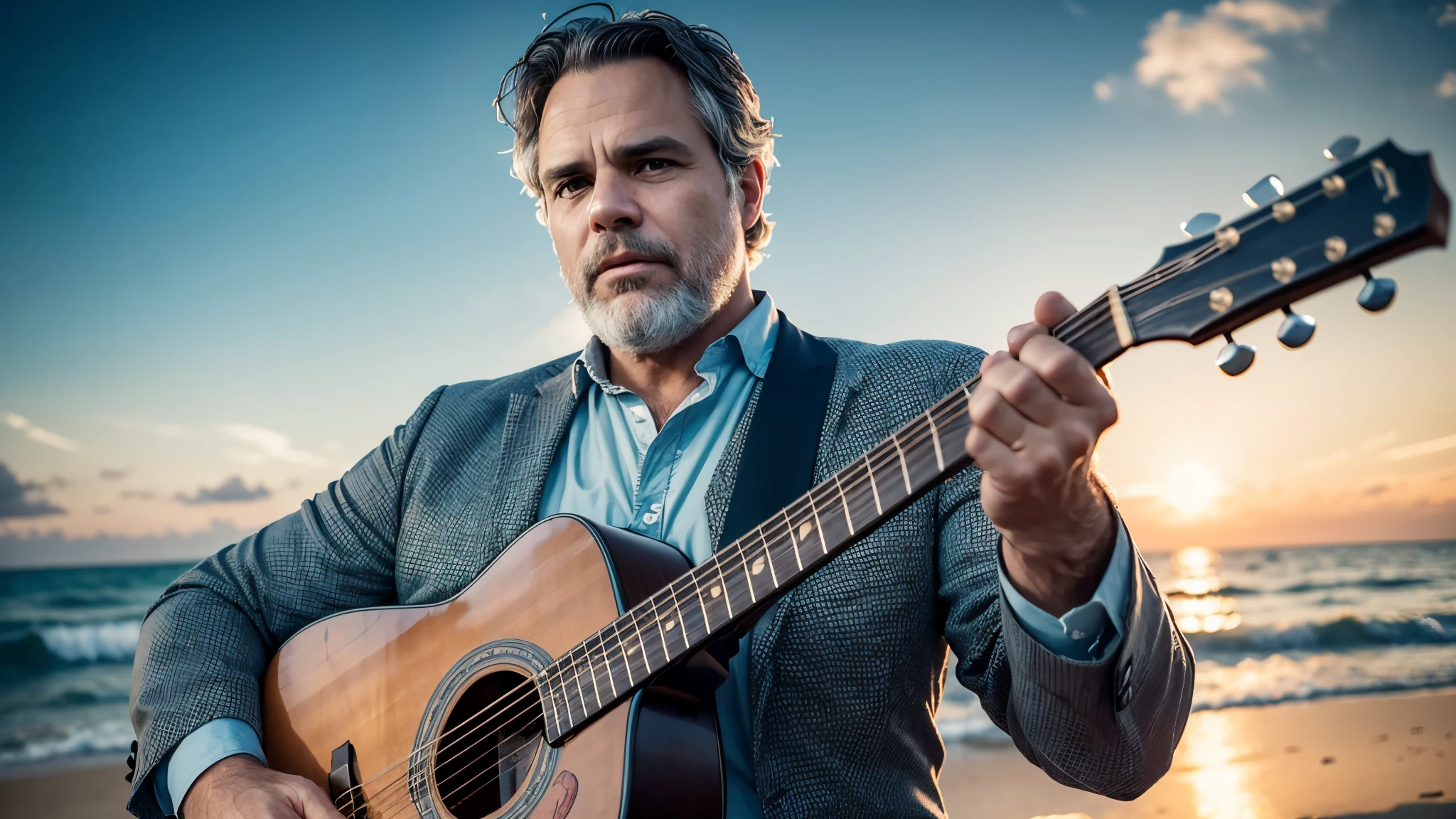 ((best quality)), ((masterpiece)),(detail), perfect face, medium shot of Mark Ruffalo with gray hair and beard playing guitar by sunset beach, wearing old formal clothes classic, romantic style, retro vintage and romanticism, bokeh background, surreal photo, 8k, ultra high resolution, sharp faces
