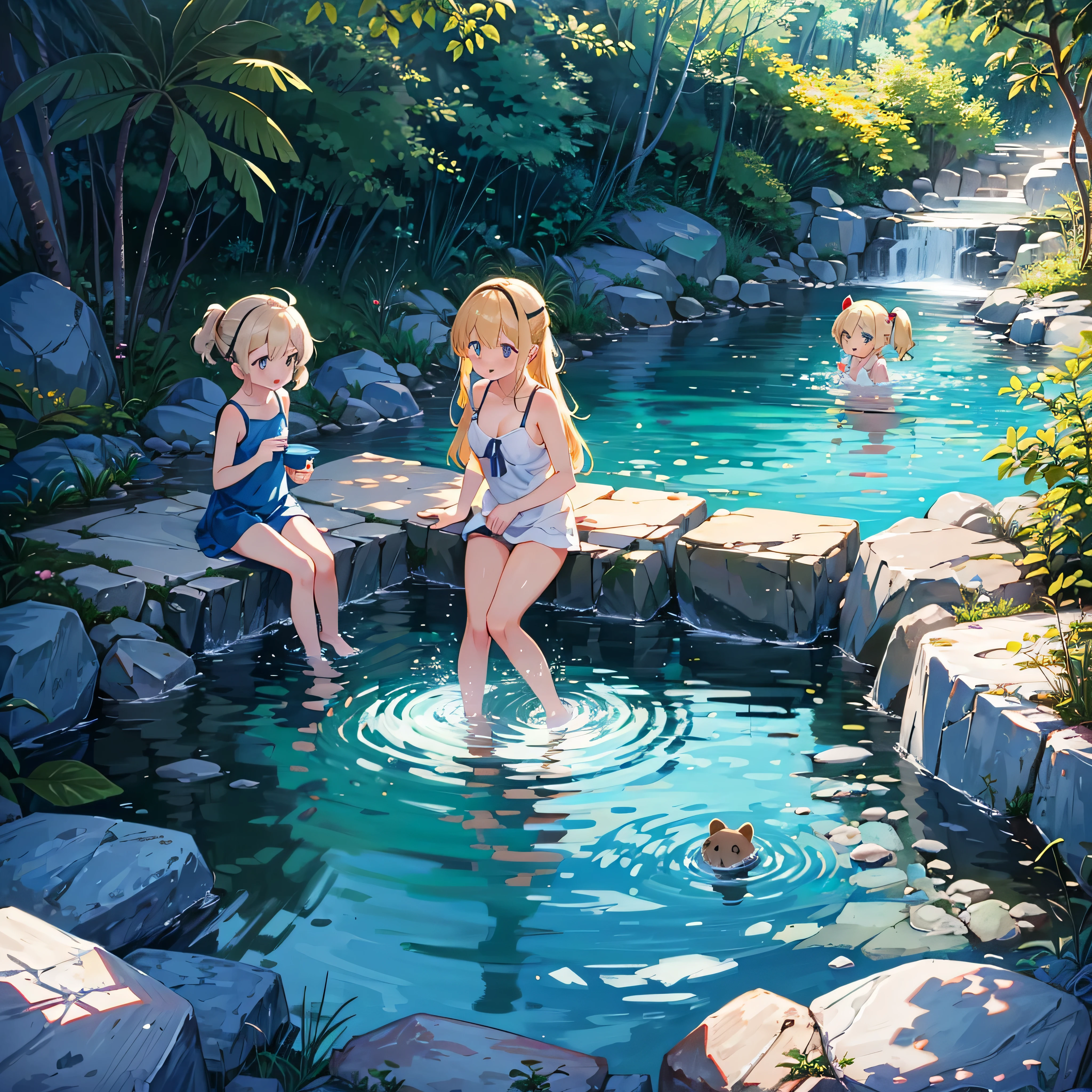 Natural hot spring (hot spring surrounded by rocks, with animals in it), 3 girls (2 ), wrapped in a bath towel, hair tied with an elastic, (short arm: 1 person) (child: 1 person) 1 (child: 1 and a half years oldface, bare feet, (child: 1 and a half years old), (baby nd a half years old)), fantastic atmomall breasts, blonde hair, very long hair tied on the head (surface effect, Color effect) Three girls are enjoying themselves in a large natural hot spring, and there are monkeys and bear cubs in the hot spring.Deltamon