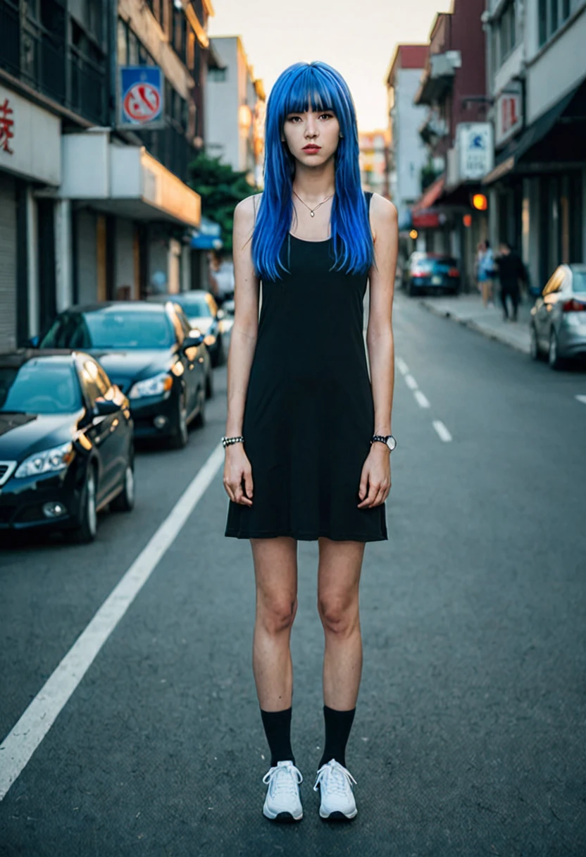 blue hair。straight hair。She is wearing a tight black dress。Best Anamorphic Lens Photography。Women with freckles。In the background, the setting sun shines on her hair.。background is blurry。fashionable。I&#39;m wearing Air Force Nike sneakers.。Standing and showing the whole body。Shuttered streets。I&#39;m wearing long knee-high socks。I have piercings in my ears。Shooting from a distance with the whole body in view。She is a slim and stylish woman.。