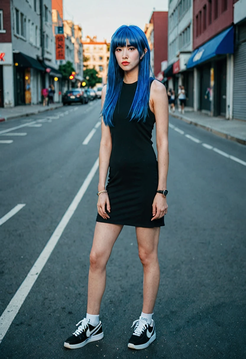 blue hair。straight hair。She is wearing a tight black dress。Best Anamorphic Lens Photography。Women with freckles。In the background, the setting sun shines on her hair.。background is blurry。fashionable。I&#39;m wearing Air Force Nike sneakers.。Standing and showing the whole body。Shuttered streets。I&#39;m wearing long knee-high socks。I have piercings in my ears。Shooting from a distance with the whole body in view。She is a slim and stylish woman.。