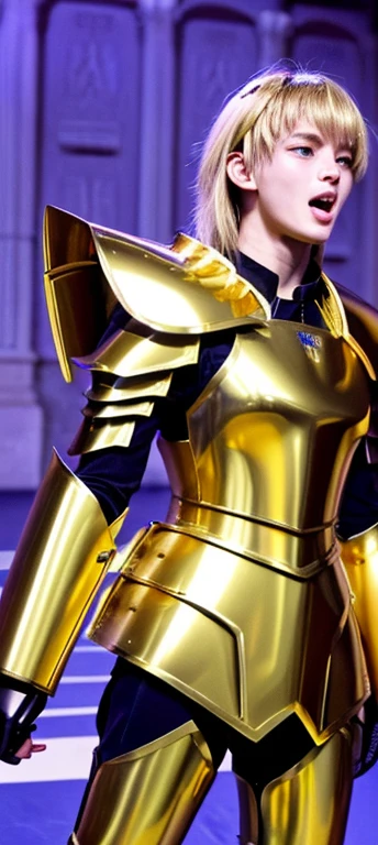 anime character、At the martial arts hall at the Colosseum in Greece、martial arts tournament、Saint Seiya、male、、(((Wearing shiny, gold, futuristic combat armor)))、((metal armor))、((scream))、((exclamation mark))、、8K, highest quality, (beauty of pubic hair)、High resolution, lively, Winged Armor