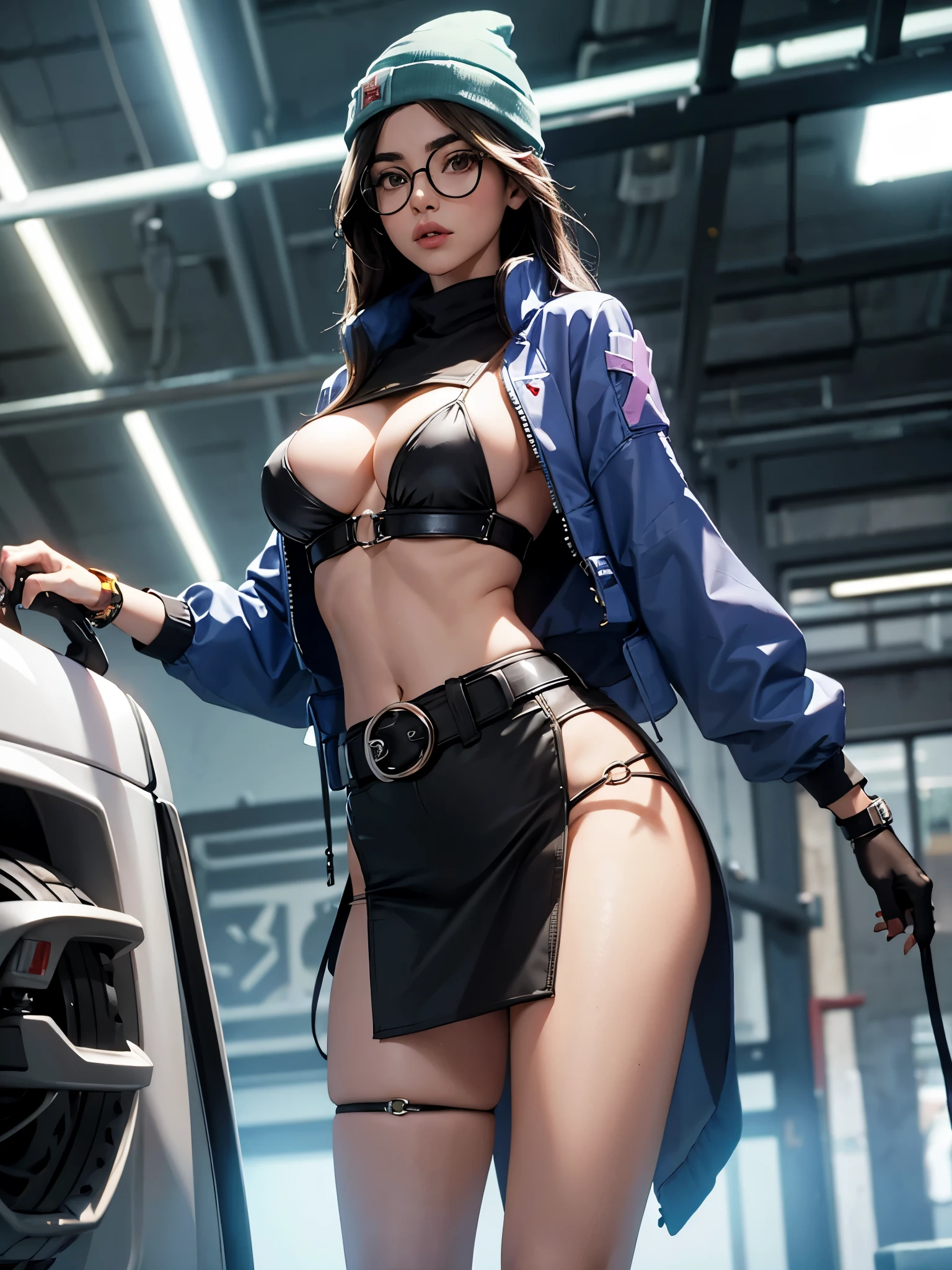 beanie,belt,big breasts,cybernetics,g-string,glasses,high tagia,jacket,micro bikini,revealing clothes,skimpy,visible breasts