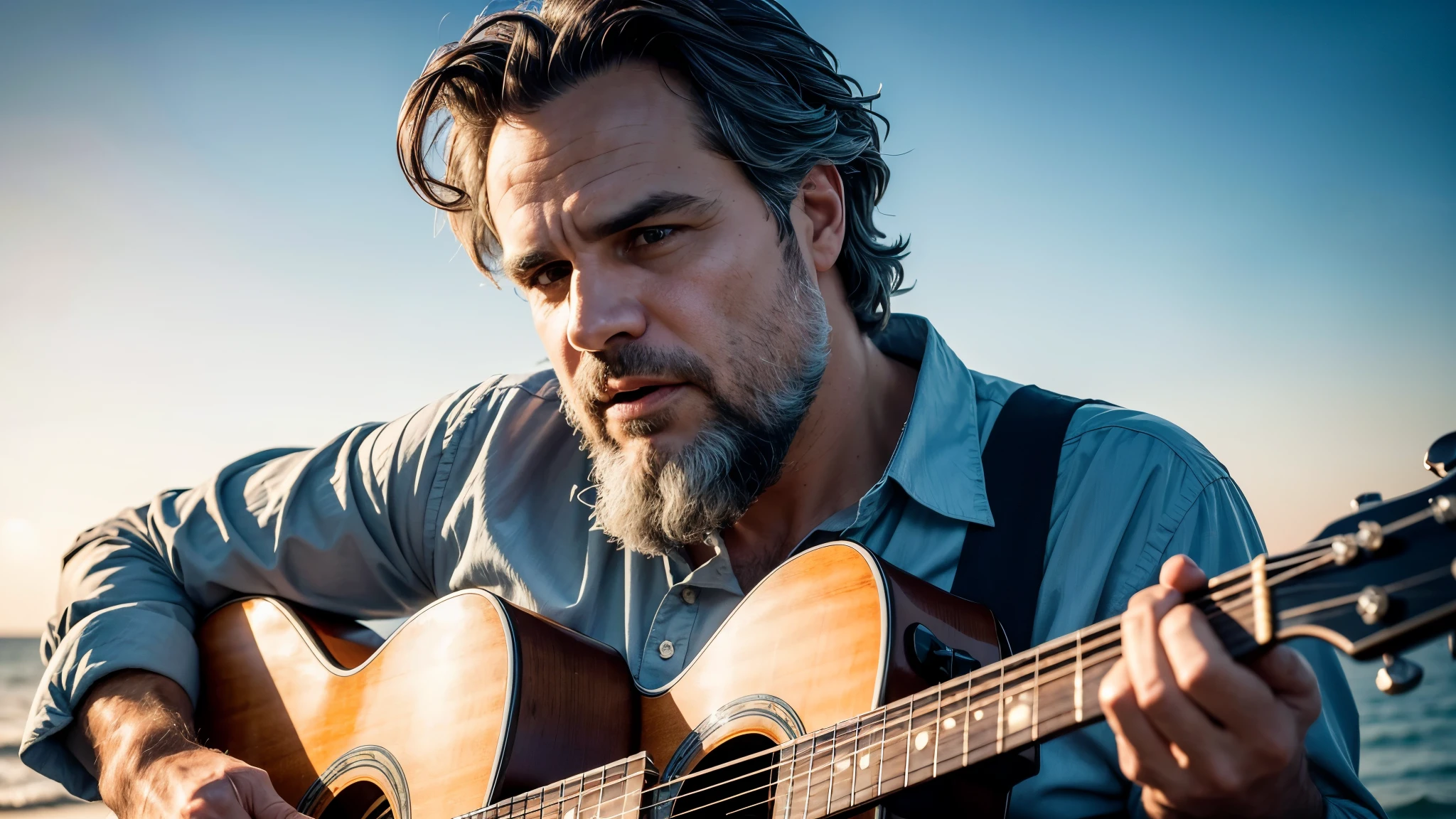 ((best quality)), ((masterpiece)),(detail), perfect face, medium shot of Mark Ruffalo with gray hair and beard playing guitar by sunset beach, wearing old formal clothes classic, romantic style, retro vintage and romanticism, bokeh background, surreal photo, 8k, ultra high resolution, sharp faces