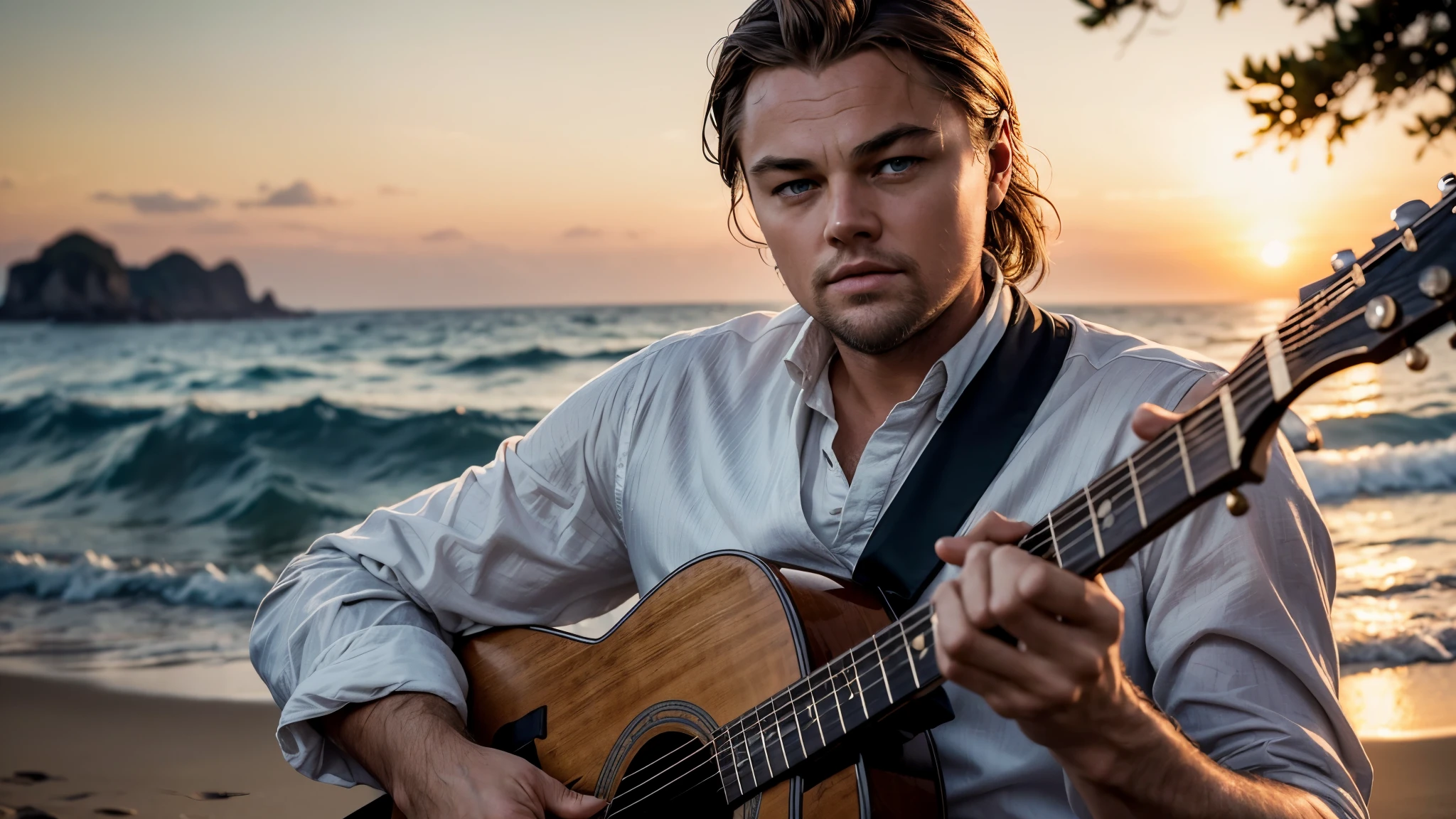 ((best quality)), ((masterpiece)),(detail), perfect face, medium shot of Leonardo DiCaprio with gray hair and beard playing guitar with sunrise over the sea, wearing ancient formal clothes classic, romantic style, retro vintage and romanticism, bokeh background, hyper-realistic photos, 8k , ultra high resolution, sharp faces