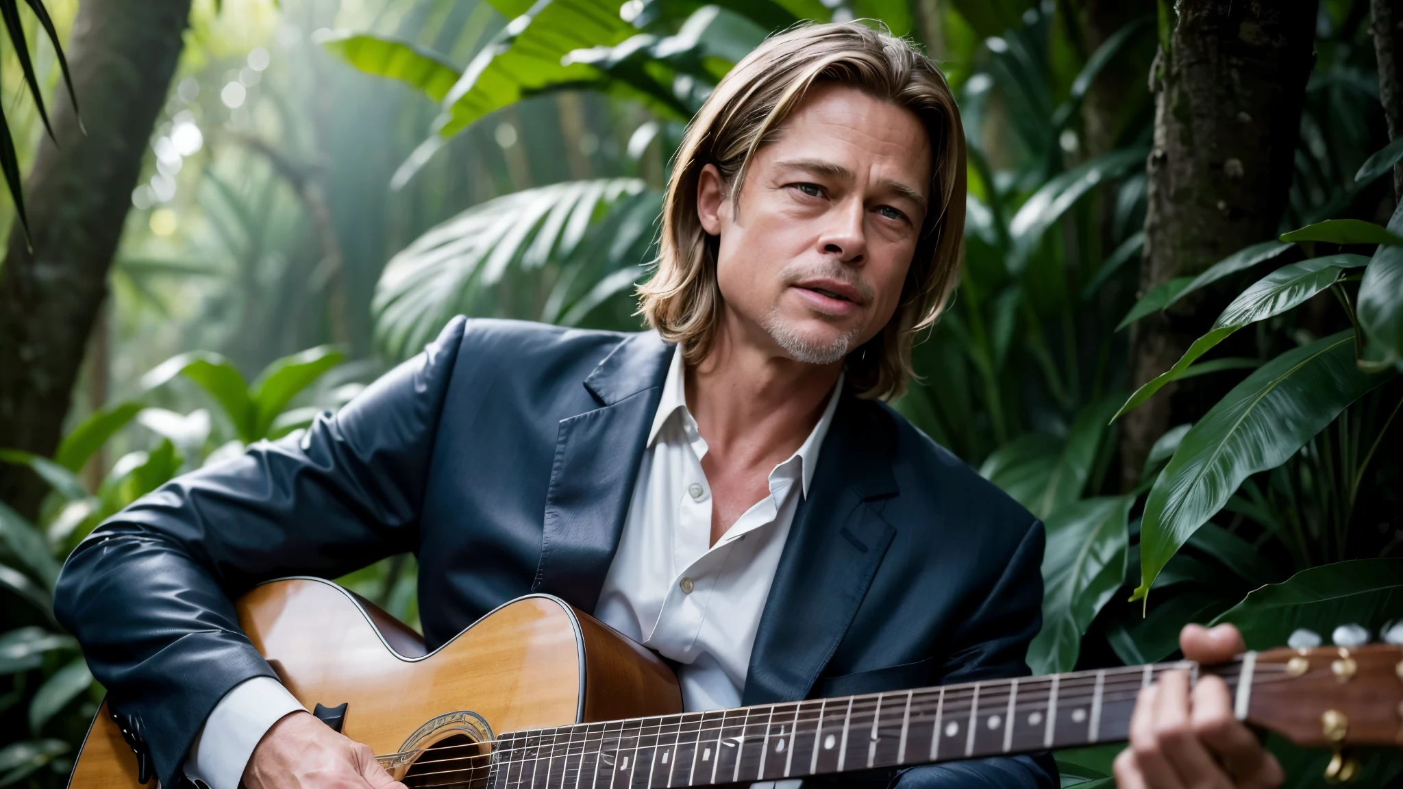 ((best quality)), ((masterpiece)),(detail), perfect face, medium shot of old man Brad Pitt playing guitar in the rainforest, wearing classic formal clothes, romantic style, retro vintage and romanticism, bokeh background, hyper-realistic photos, 8k , ultra high resolution, sharp faces