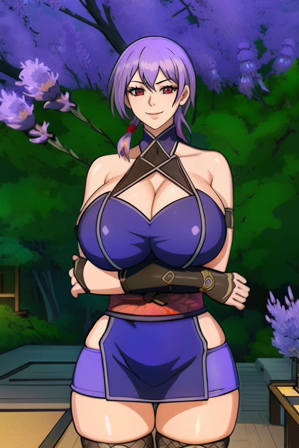 (high quality:1.2), intricate detailed, digital art,
(Hotaru:1.1), 1girl, solo, standing, crossed arms, cowboy shot,
looking at viewer, determined, smile, smirk, short hair, forehead, (headband:1.1), 
ninja, short kimono, off shoulder, turtleneck, (fingerless gloves:1.1), sash, thighhighs, fishnets,
large breasts, curvy,
outdoors, east asian architecture, japanese garden, day, cherry blossoms, sky, sunset, complex background,, (gigantic breasts: 1.4), (pinkish red eyes: 1.4), (light lavender hair: 1.6), cowboy shot

 