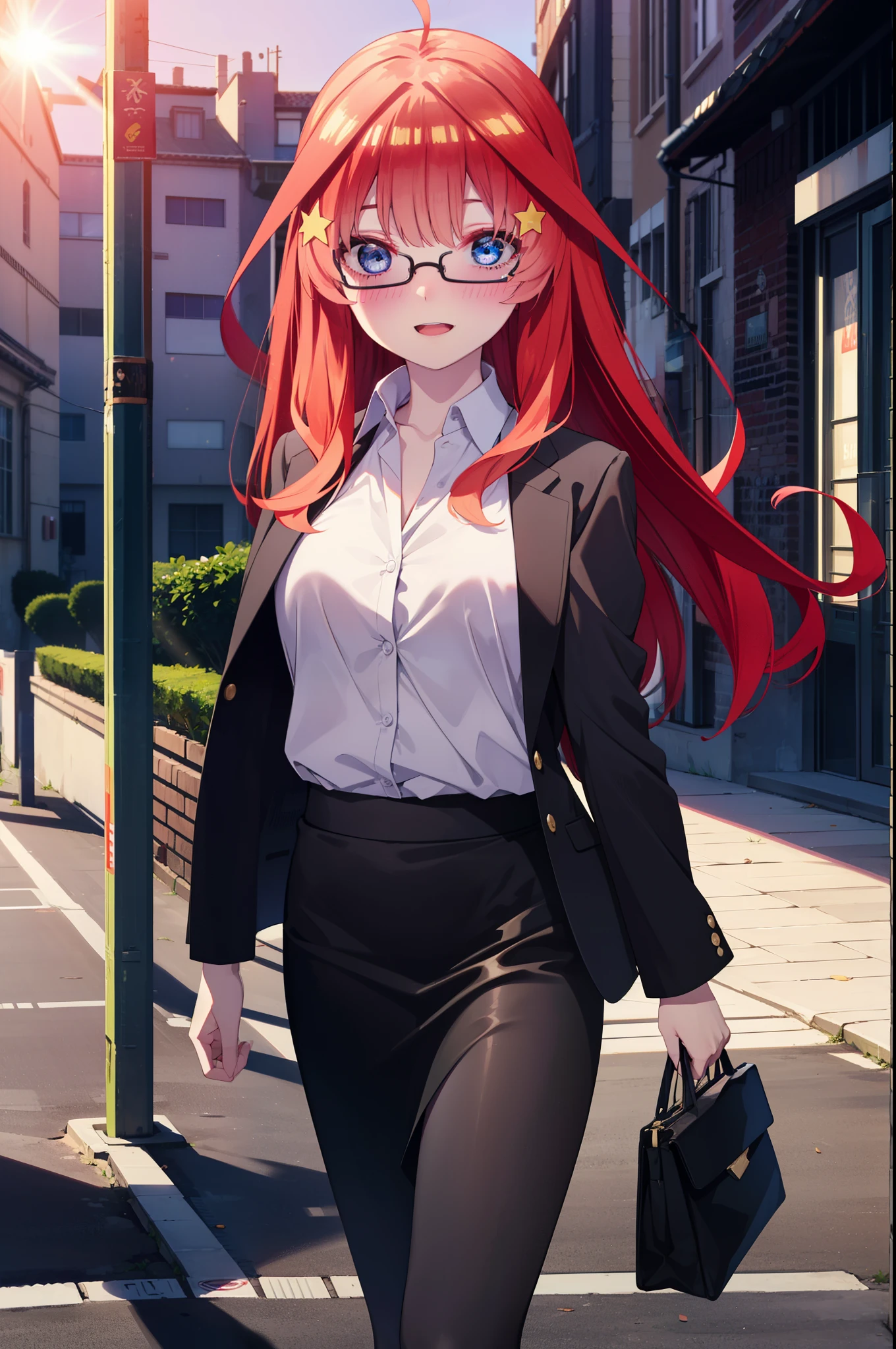 itsukinakano, itsuki nakano, bangs, blue eyes, hair between eyes, Ahoge, redhead, star \(symbol\), hair ornaments, star hair ornaments,happy smile, smile, open your mouth,OL, Akagi glasses,black suit jacket, collared jacket, white dress shirt, collared shirt, neckline, button, strap, ID card on neck, black pencil skirt, black pantyhose, stiletto heels,whole bodyがイラストに入るように,evening,sunset,The sun is setting,
break outdoors, In town,building street,
break looking at viewer, whole body,
break (masterpiece:1.2), highest quality, High resolution, unity 8k wallpaper, (figure:0.8), (detailed and beautiful eyes:1.6), highly detailed face, perfect lighting, Very detailed CG, (perfect hands, perfect anatomy),
