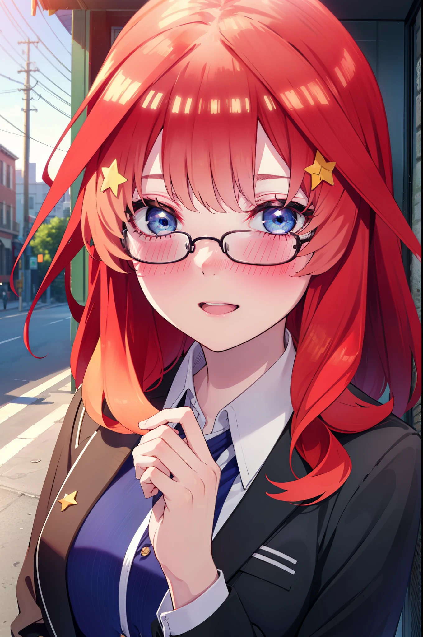 itsukinakano, itsuki nakano, bangs, blue eyes, hair between eyes, Ahoge, redhead, star \(symbol\), hair ornaments, star hair ornaments,happy smile, smile, open your mouth,OL, Akagi glasses,black suit jacket, collared jacket, white dress shirt, collared shirt, neckline, button, strap, ID card on neck, black pencil skirt, black pantyhose, stiletto heels,whole bodyがイラストに入るように,evening,sunset,The sun is setting,
break outdoors, In town,building street,
break looking at viewer, whole body,
break (masterpiece:1.2), highest quality, High resolution, unity 8k wallpaper, (figure:0.8), (detailed and beautiful eyes:1.6), highly detailed face, perfect lighting, Very detailed CG, (perfect hands, perfect anatomy),