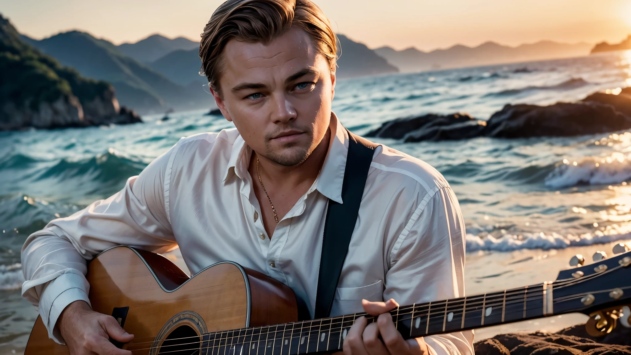 ((best quality)), ((masterpiece)),(detail), perfect face, full body shot of old man Leonardo DiCaprio playing guitar with sunrise over the sea, wearing ancient formal clothes classic, romantic style, retro vintage and romanticism, bokeh background, hyper-realistic photos, 8k , ultra high resolution, sharp faces