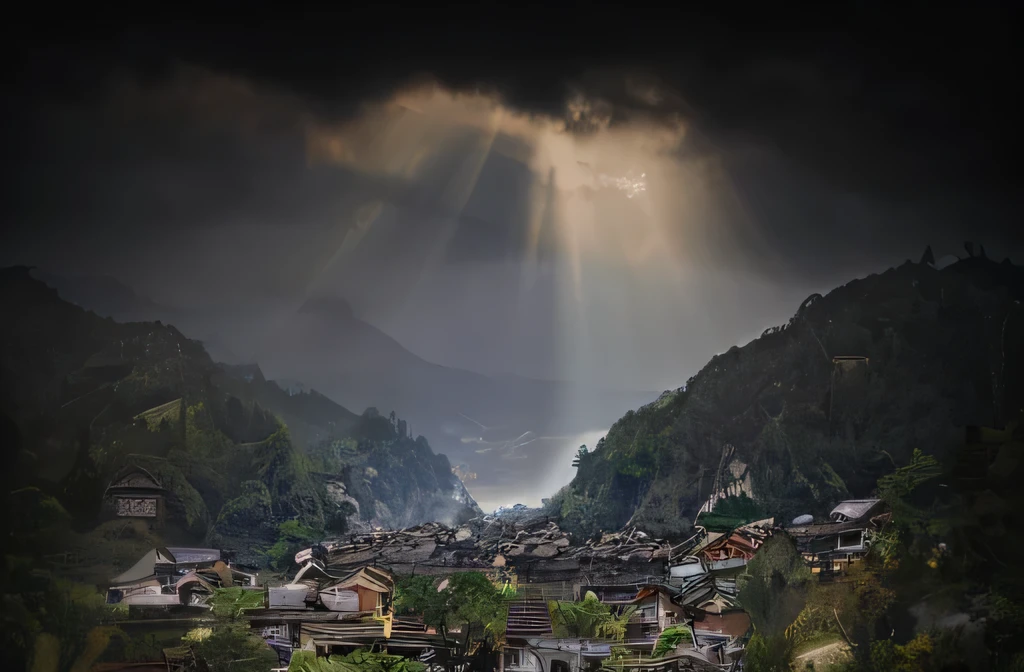 Landscape Photography，The densely packed Dong villages under the mountains，Black tiles，black tower，There are thick dark clouds in the sky，A large amount of Jesus light shines on the earth from the gaps in the dark clouds，strong light and shadow，canon camera，raw,8k,National Geographic，Award-winning works