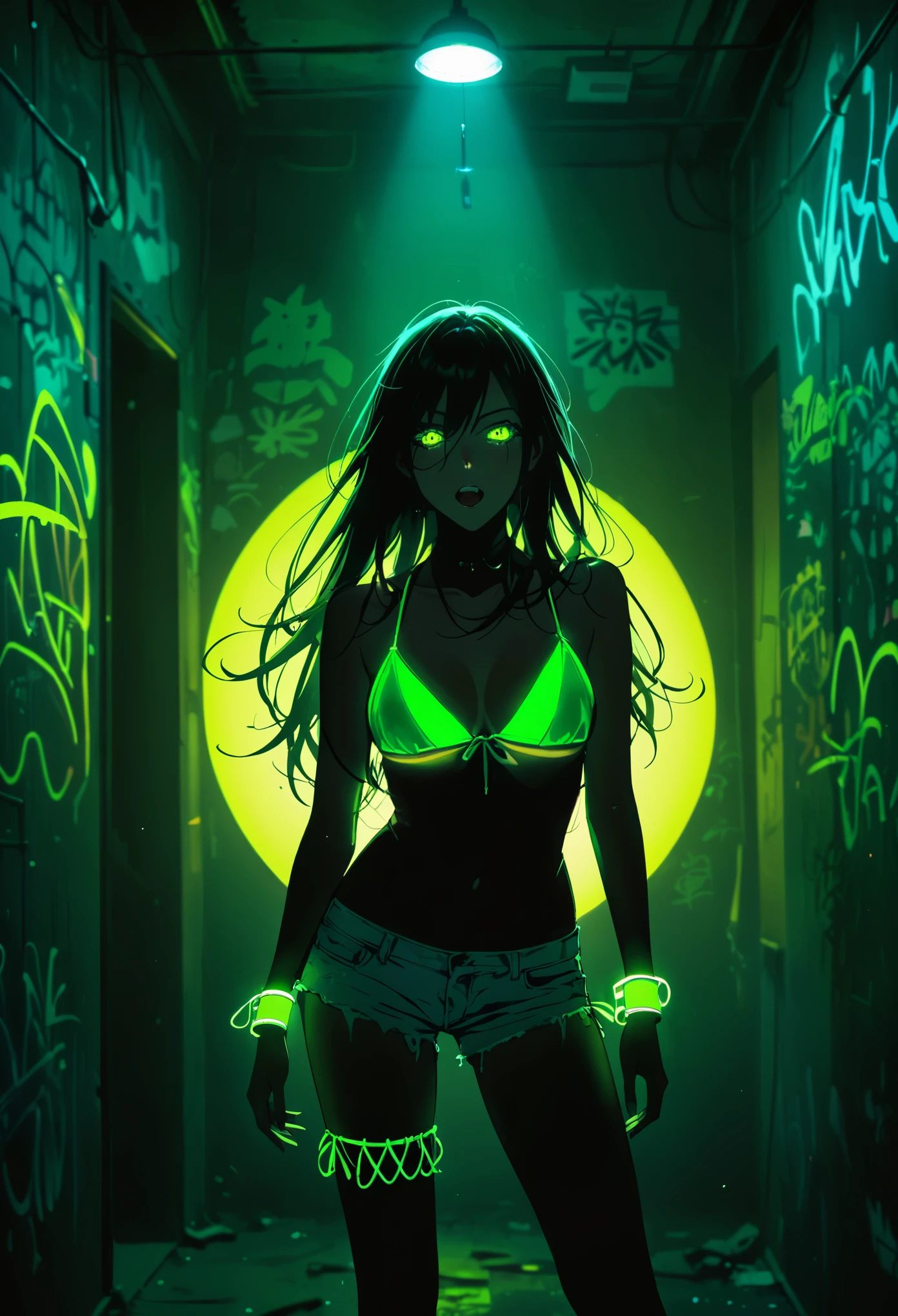 (Portrait of a mysterious giant eye)，indoor，Fluorescent illumination，（Darkness shrouded，Wall background，black background，silhouette，shadow，extreme darkness：5.0），Minimalist graffiti style background，Fluorescent green eye graffiti，Dark atmosphere，cowboy shot,1girl,house，cross-laced cutout bikini，（underboob），（blurred background，Blurred foreground），Green fluorescent hair，Fluorescent green eyes，Unbelievably long hair，Messy hair，Low rise denim shorts，Over-the-knee boots，pink eye shadow，Ruined eyeshadow，Open your mouth，Nervous laughter，Shark Teeth，Lots of fluorescent bracelets，viewfinder，Focus blur，