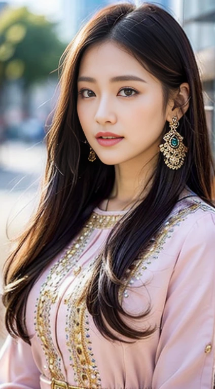 Portrait photo, 1 beautiful Asian girl, pink shirt, intricately embroidered shirt, sky blue dress, pure dress color, long hair, wearing jewelry, natural makeup, wearing modern jewelry, makeup gold and gem jewelry, extremely detailed eyes and face, lovely smile, delicate blush, sensuous lips, fragrant lipstick, exuding femininity, perfect skin, flawless skin texture perfect, intricate facial details, shiny metallic skin, irritated body. Blurred city backdrop, soft lighting, vivid colors, soft sunlight, wind blowing through hair, dreamy, luxurious atmosphere, perfect lighting. Super high quality, surreal, 8K, high resolution, masterpiece, detailed, extremely magical, professional cinematic lighting, black and golden beam.