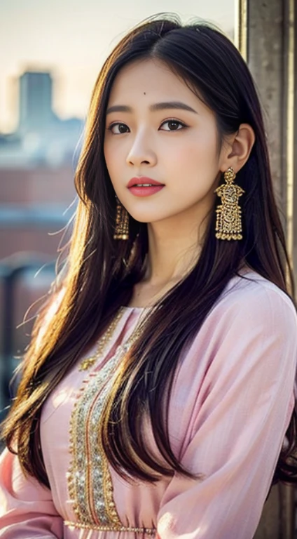 Portrait photo, 1 beautiful Asian girl, pink shirt, intricately embroidered shirt, sky blue dress, pure dress color, long hair, wearing jewelry, natural makeup, wearing modern jewelry, makeup gold and gem jewelry, extremely detailed eyes and face, lovely smile, delicate blush, sensuous lips, fragrant lipstick, exuding femininity, perfect skin, flawless skin texture perfect, intricate facial details, shiny metallic skin, irritated body. Blurred city backdrop, soft lighting, vivid colors, soft sunlight, wind blowing through hair, dreamy, luxurious atmosphere, perfect lighting. Super high quality, surreal, 8K, high resolution, masterpiece, detailed, extremely magical, professional cinematic lighting, black and golden beam.