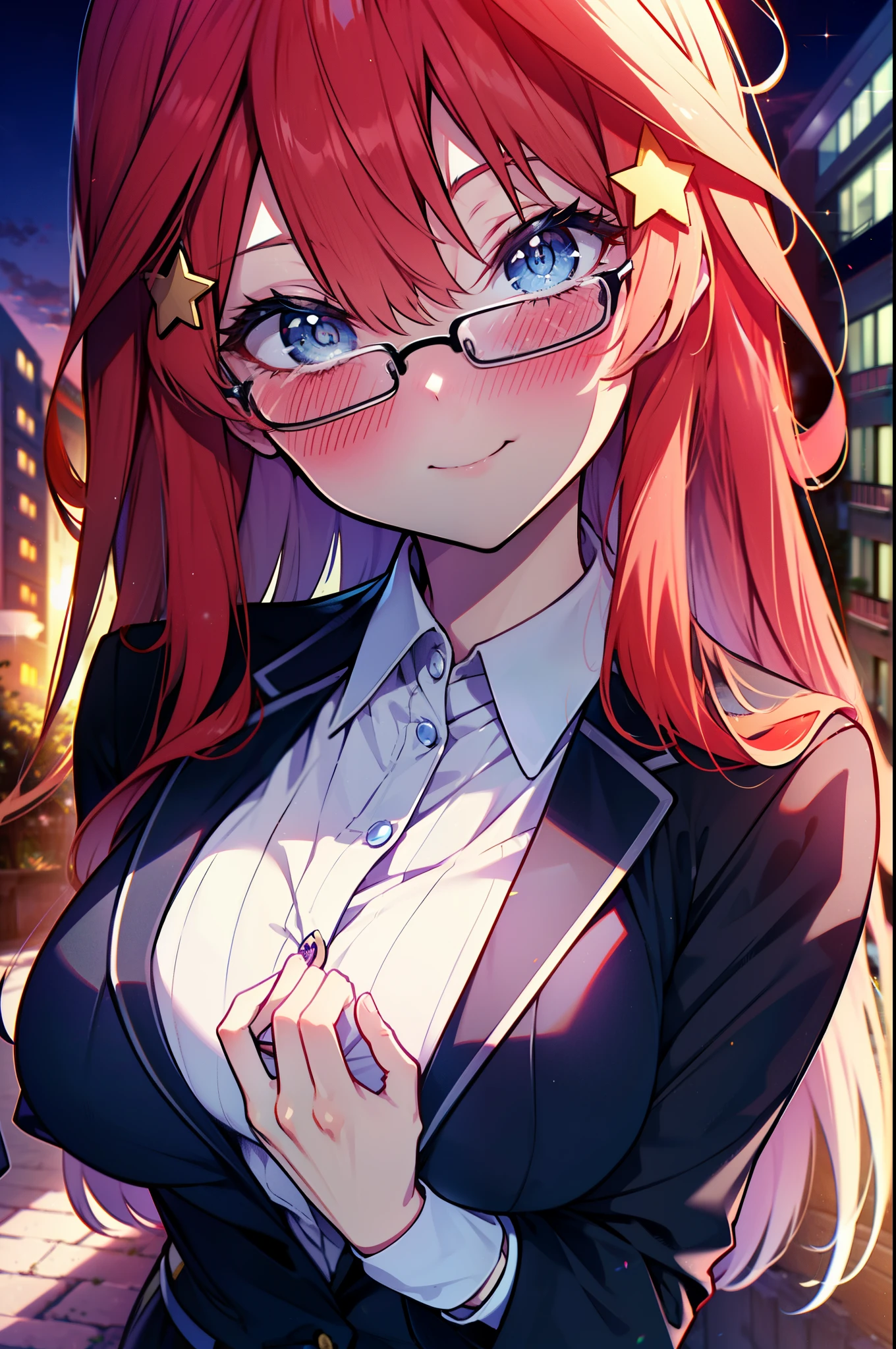 itsukinakano, itsuki nakano, bangs, blue eyes, hair between eyes, Ahoge, redhead, star \(symbol\), hair ornaments, star hair ornaments,happy smile, smile, open your mouth,OL, Akagi glasses,black suit jacket, collared jacket, white dress shirt, collared shirt, neckline, button, strap, ID card on neck, black pencil skirt, black pantyhose, stiletto heels,whole bodyがイラストに入るように,evening,sunset,The sun is setting,
break outdoors, In town,building street,
break looking at viewer, whole body,
break (masterpiece:1.2), highest quality, High resolution, unity 8k wallpaper, (figure:0.8), (detailed and beautiful eyes:1.6), highly detailed face, perfect lighting, Very detailed CG, (perfect hands, perfect anatomy),