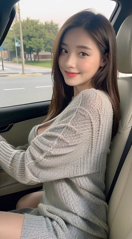 ((Best Quality, 8k, Masterpiece:1.3)), Focus:1.2, Perfect Body Beauty:1.4, Buttocks:1.2, ((Delicate Hair)), (Sweater Dress:1.1) , (Sports car, street: 1.2), Highly detailed face and skin texture, Detailed eyes, Double eyelids, whitening skin, Big breasts, smile, wearing necklaces, rings, people sitting in cars with their buttocks up, sexsy naked