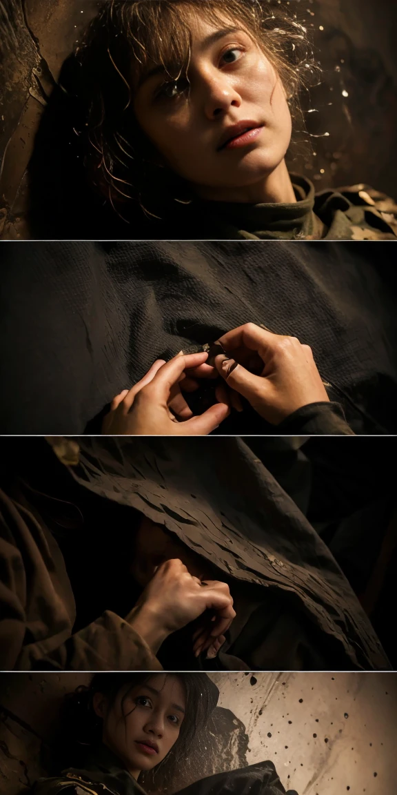 8K,Ultra-high-definition photos, Busty female soldiers in the trenches, dark:1.1, Muddy terrain, Rainy and humid, masterpiece, (Mandy Jurgens' style:1.0), best quality, Very detailed, (ambient occlusion), (backlight)), (highest quality fabric texture), membranous, (surreal , Rainy days, atmosphere ,Soft accent light, Gorgeous Rembrandt style lighting, (Rembrandt Patch)), (highest quality wet fabric texture),Super detailed(Super fine ), lifelike, Very detailed(Very detailed) , meticulous, (The highest detail water drops are realistic)○○ 解析度 – ○○ 解析度超high resolution(high resolution)