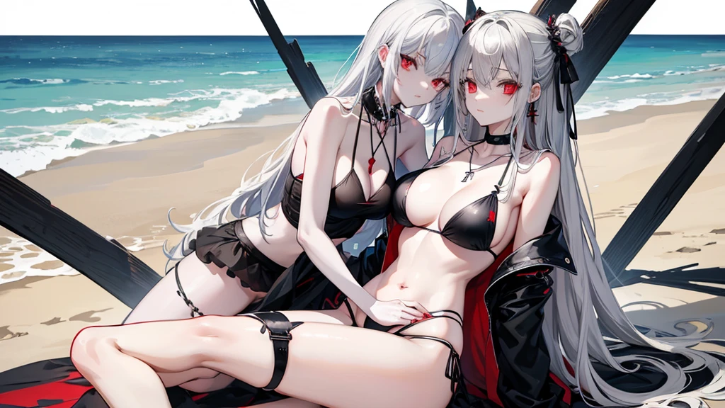 Long gray hair,blood red eyes,Necklace with cross,Wearing a black and white goth bikini,beach,beach球,Woman on top position,two women