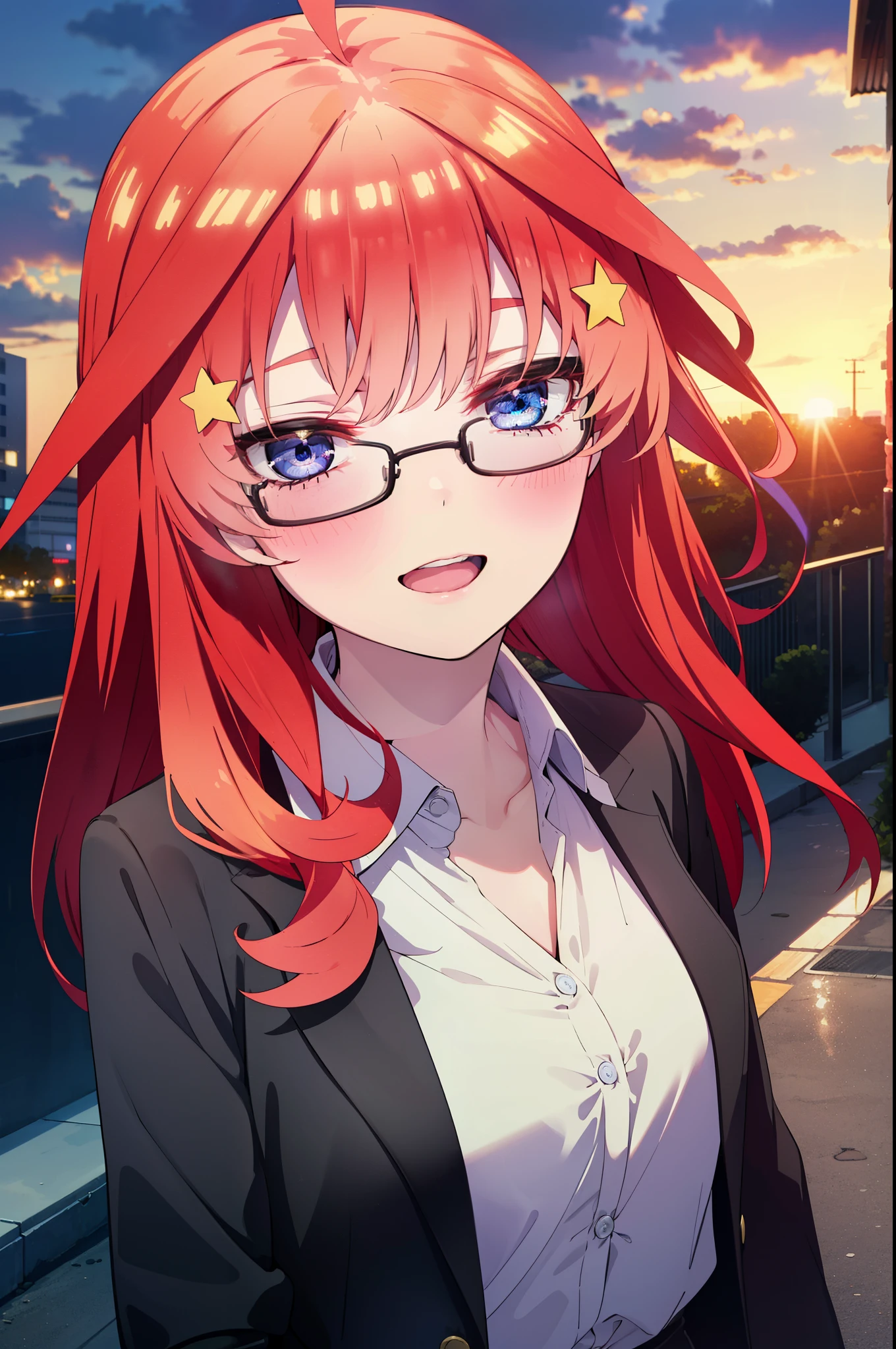 itsukinakano, itsuki nakano, bangs, blue eyes, hair between eyes, Ahoge, redhead, star \(symbol\), hair ornaments, star hair ornaments,happy smile, smile, open your mouth,OL, Akagi glasses,black suit jacket, collared jacket, white dress shirt, collared shirt, neckline, button, strap, ID card on neck, black pencil skirt, black pantyhose, stiletto heels,whole bodyがイラストに入るように,evening,sunset,The sun is setting,
break outdoors, In town,building street,
break looking at viewer, whole body,
break (masterpiece:1.2), highest quality, High resolution, unity 8k wallpaper, (figure:0.8), (detailed and beautiful eyes:1.6), highly detailed face, perfect lighting, Very detailed CG, (perfect hands, perfect anatomy),