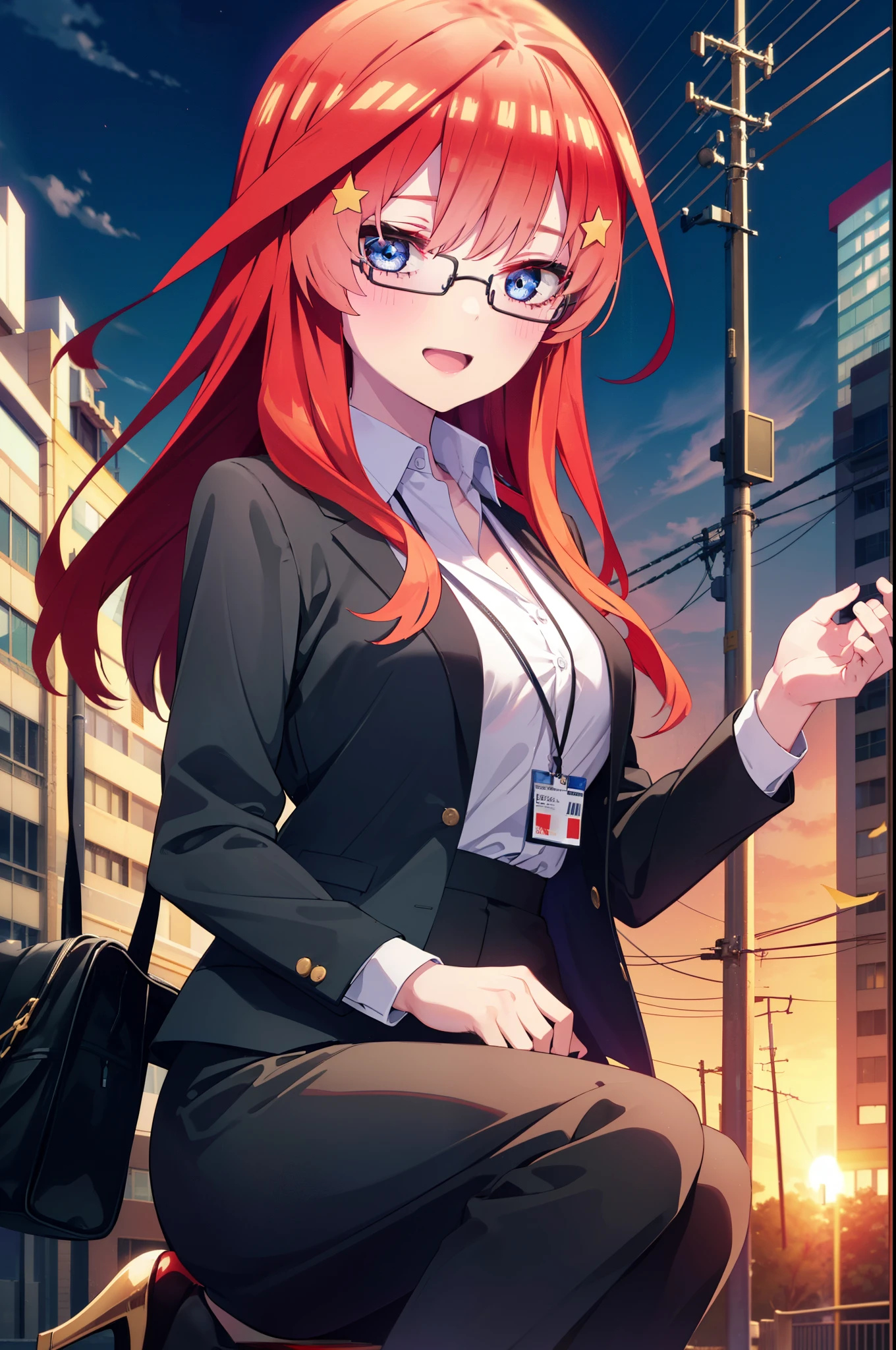 itsukinakano, itsuki nakano, bangs, blue eyes, hair between eyes, Ahoge, redhead, star \(symbol\), hair ornaments, star hair ornaments,happy smile, smile, open your mouth,OL, Akagi glasses,black suit jacket, collared jacket, white dress shirt, collared shirt, neckline, button, strap, ID card on neck, black pencil skirt, black pantyhose, stiletto heels,whole bodyがイラストに入るように,evening,sunset,The sun is setting,
break outdoors, In town,building street,
break looking at viewer, whole body,
break (masterpiece:1.2), highest quality, High resolution, unity 8k wallpaper, (figure:0.8), (detailed and beautiful eyes:1.6), highly detailed face, perfect lighting, Very detailed CG, (perfect hands, perfect anatomy),