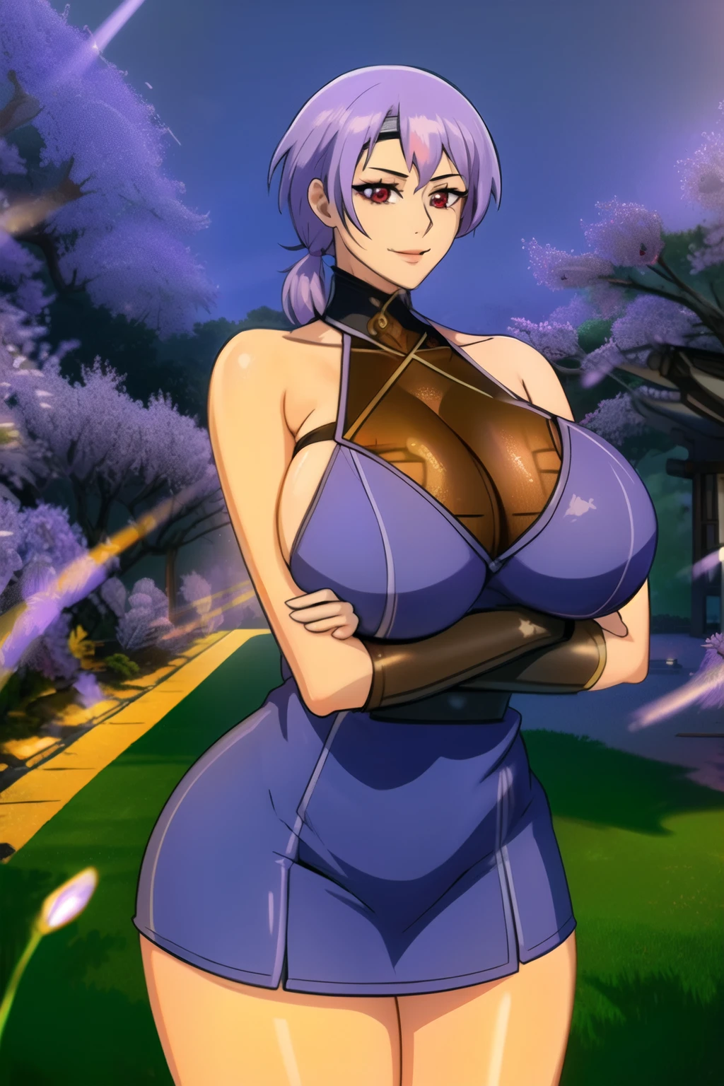 (high quality:1.2), intricate detailed, digital art,
(Hotaru:1.1), 1girl, solo, standing, crossed arms, cowboy shot,
looking at viewer, determined, smile, smirk, short hair, forehead, (headband:1.1), 
ninja, short kimono, off shoulder, turtleneck, (fingerless gloves:1.1), sash, thighhighs, fishnets,
large breasts, curvy,
outdoors, east asian architecture, japanese garden, day, cherry blossoms, sky, sunset, complex background,, (gigantic breasts: 1.4), (pinkish red eyes: 1.3), (light lavender hair: 1.6), cowboy shot

 