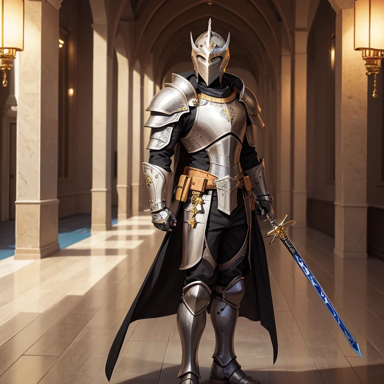 Modern Heavily armored knight, masterpiece, medieval, detailed armor, fantastic armor, golden armor, in a mosque, amazing and unique sword in his hand, full body, solo,