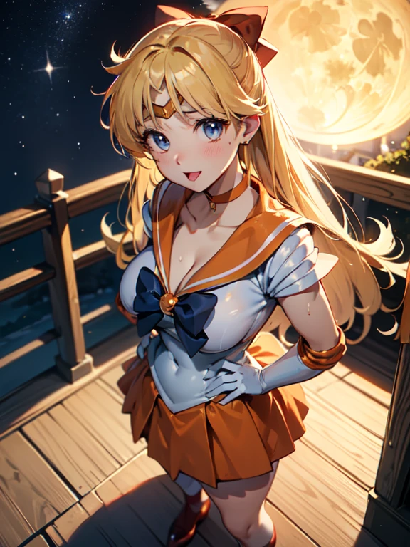 master piece,best quality,ultra detailed,8k, ambient light,realistic skin,glossy skin,
(sv1, sailor senshi uniform, orange skirt, elbow gloves, tiara, orange sailor collar, red bow, orange choker, white gloves, jewelry)、(sailor senshi uniform)、
(learning forword:1.3)、(selfie)、(from above)、(Hands on Hips)、Open your mouth wide and stick out your tongue、(the body is very wet:1.3)、constriction、(delicate body:1.3)、normal bust、emphasizing the cleavage、 glossy lips、Slightly emphasize the lower lip、blush、embarrassed expression、
fantastic night sky、full moon、aurora、horizon、open-air bath、Japanese inn、Castle、futon